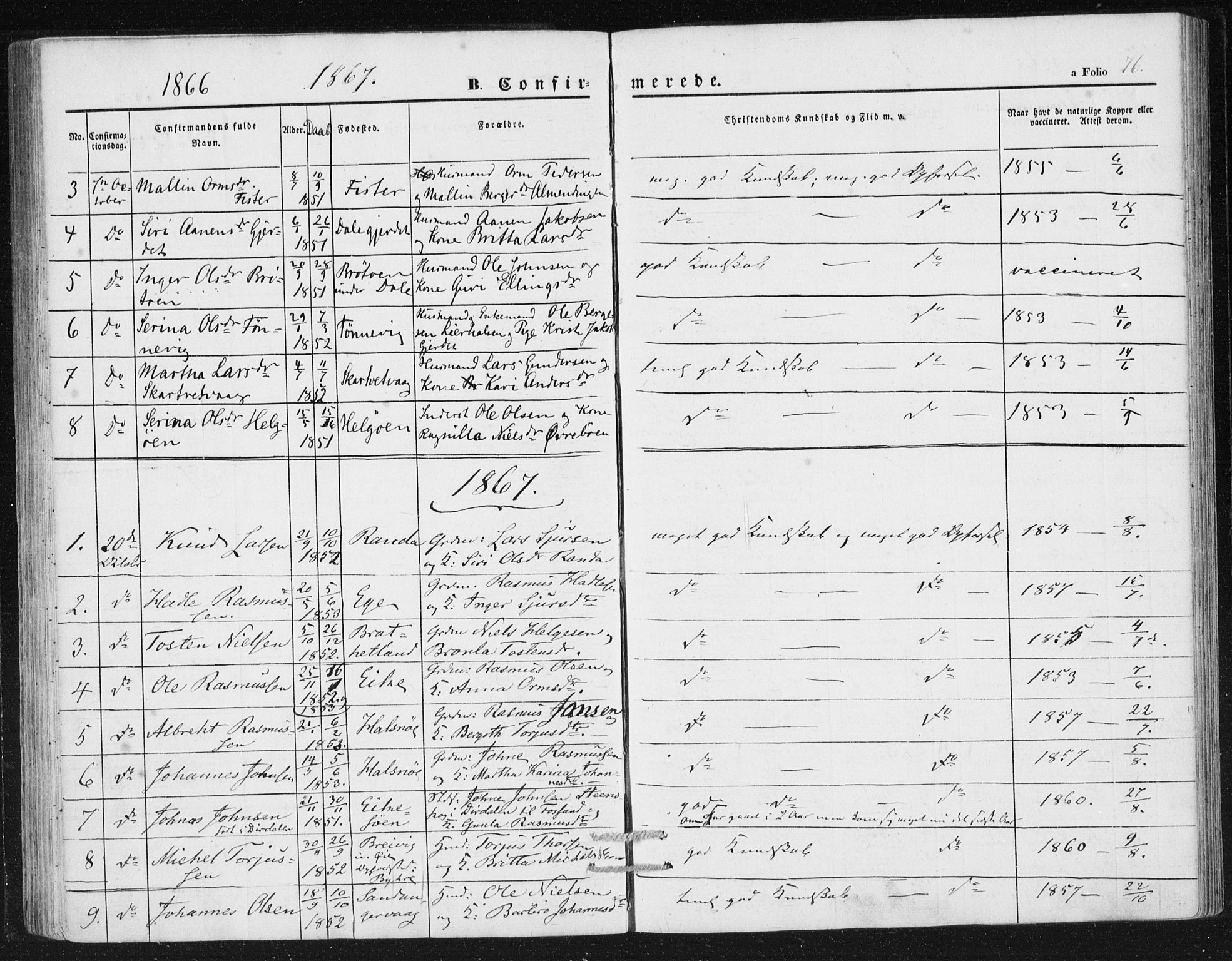 Hjelmeland sokneprestkontor, AV/SAST-A-101843/01/IV/L0010: Parish register (official) no. A 10, 1851-1871, p. 76