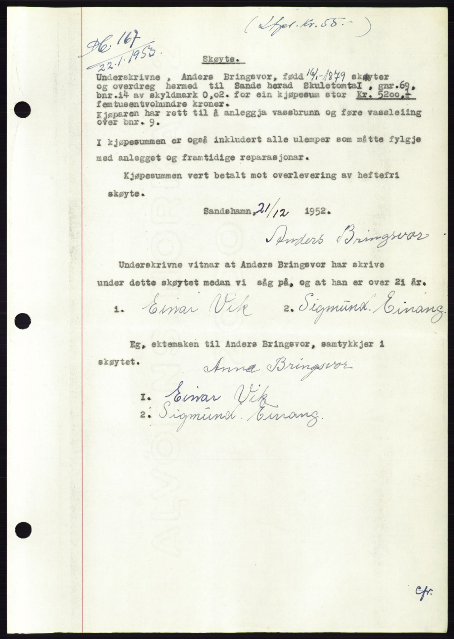 Søre Sunnmøre sorenskriveri, AV/SAT-A-4122/1/2/2C/L0094: Mortgage book no. 20A, 1953-1953, Diary no: : 167/1953