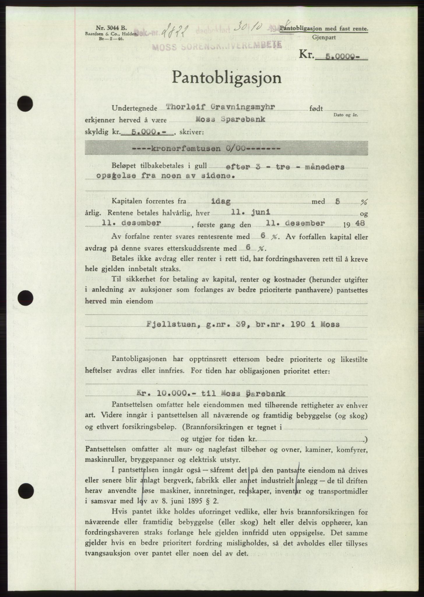 Moss sorenskriveri, AV/SAO-A-10168: Mortgage book no. B20, 1948-1948, Diary no: : 2822/1948