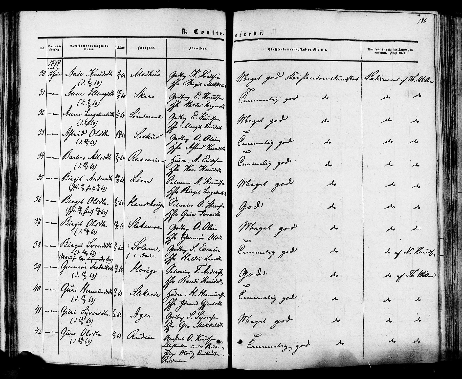 Hol kirkebøker, SAKO/A-227/F/Fa/L0002: Parish register (official) no. I 2, 1870-1886, p. 186