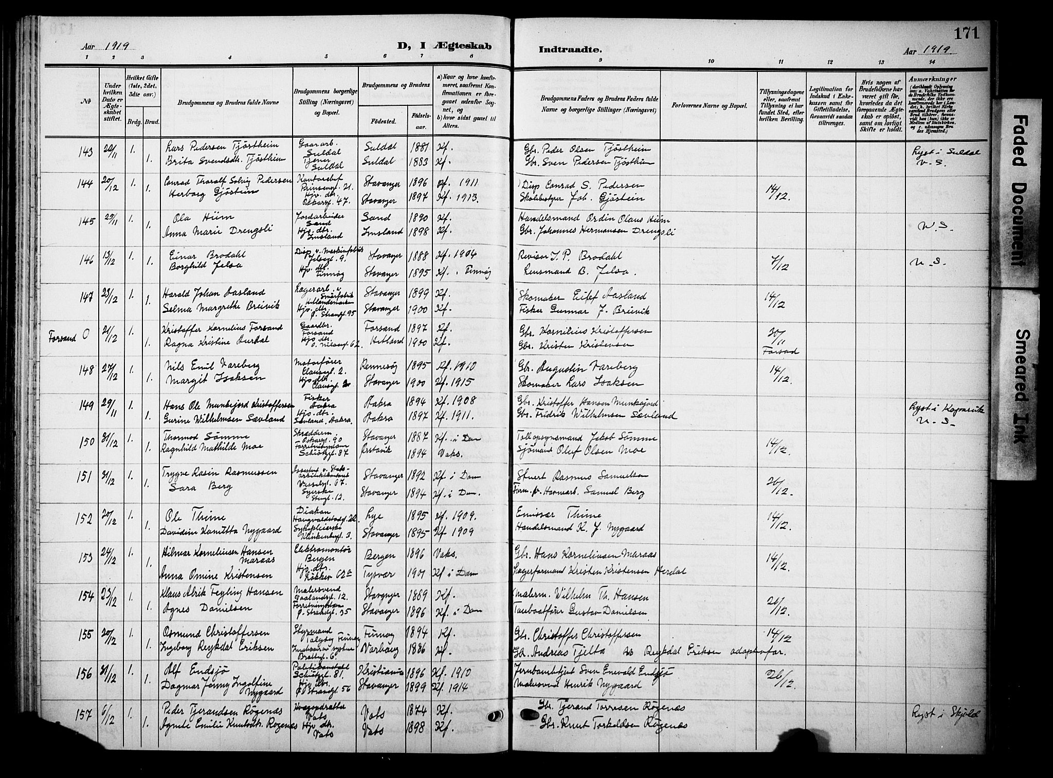 Domkirken sokneprestkontor, AV/SAST-A-101812/001/30/30BB/L0017: Parish register (copy) no. B 17, 1902-1921, p. 171