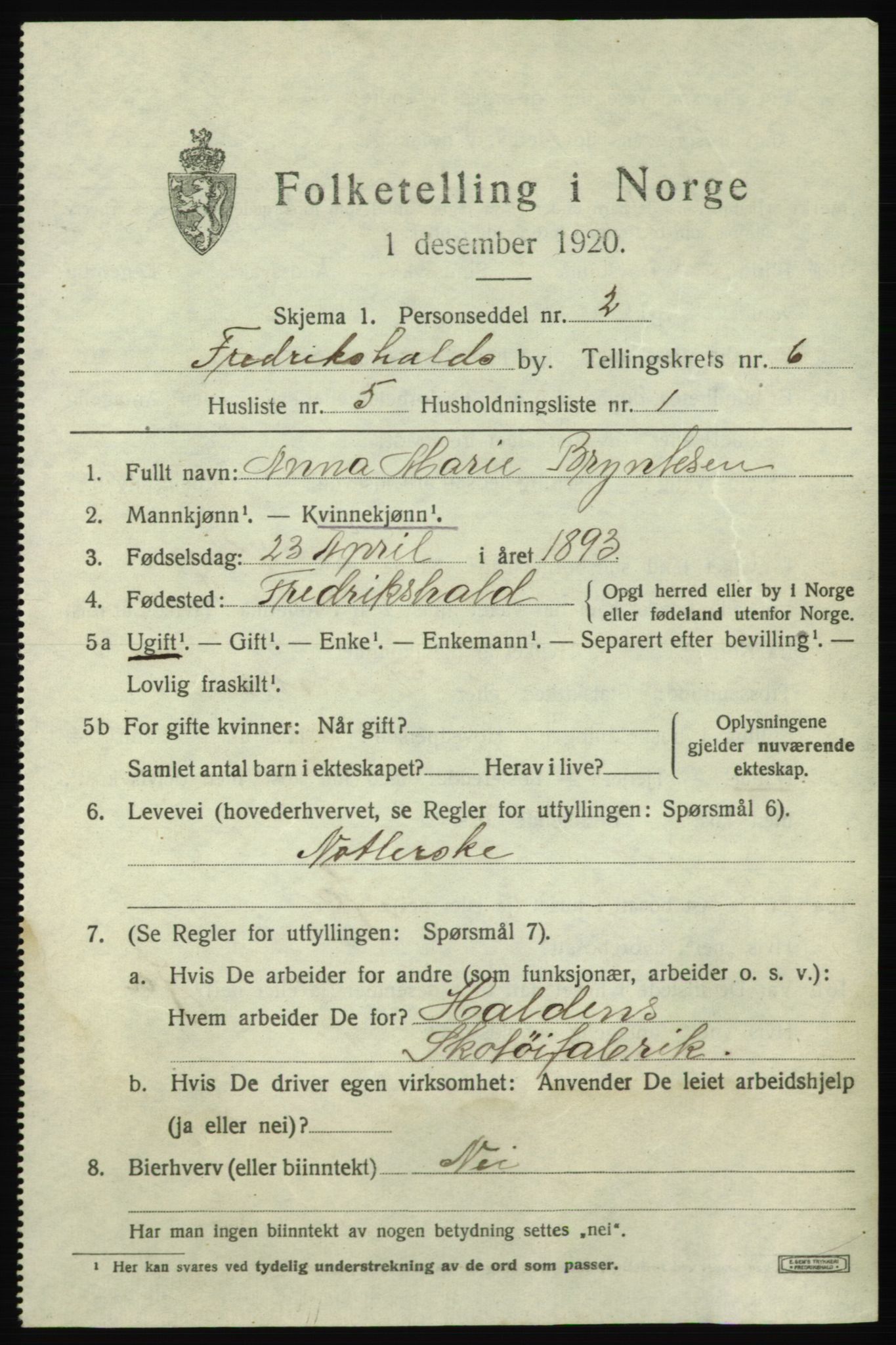 SAO, 1920 census for Fredrikshald, 1920, p. 12898
