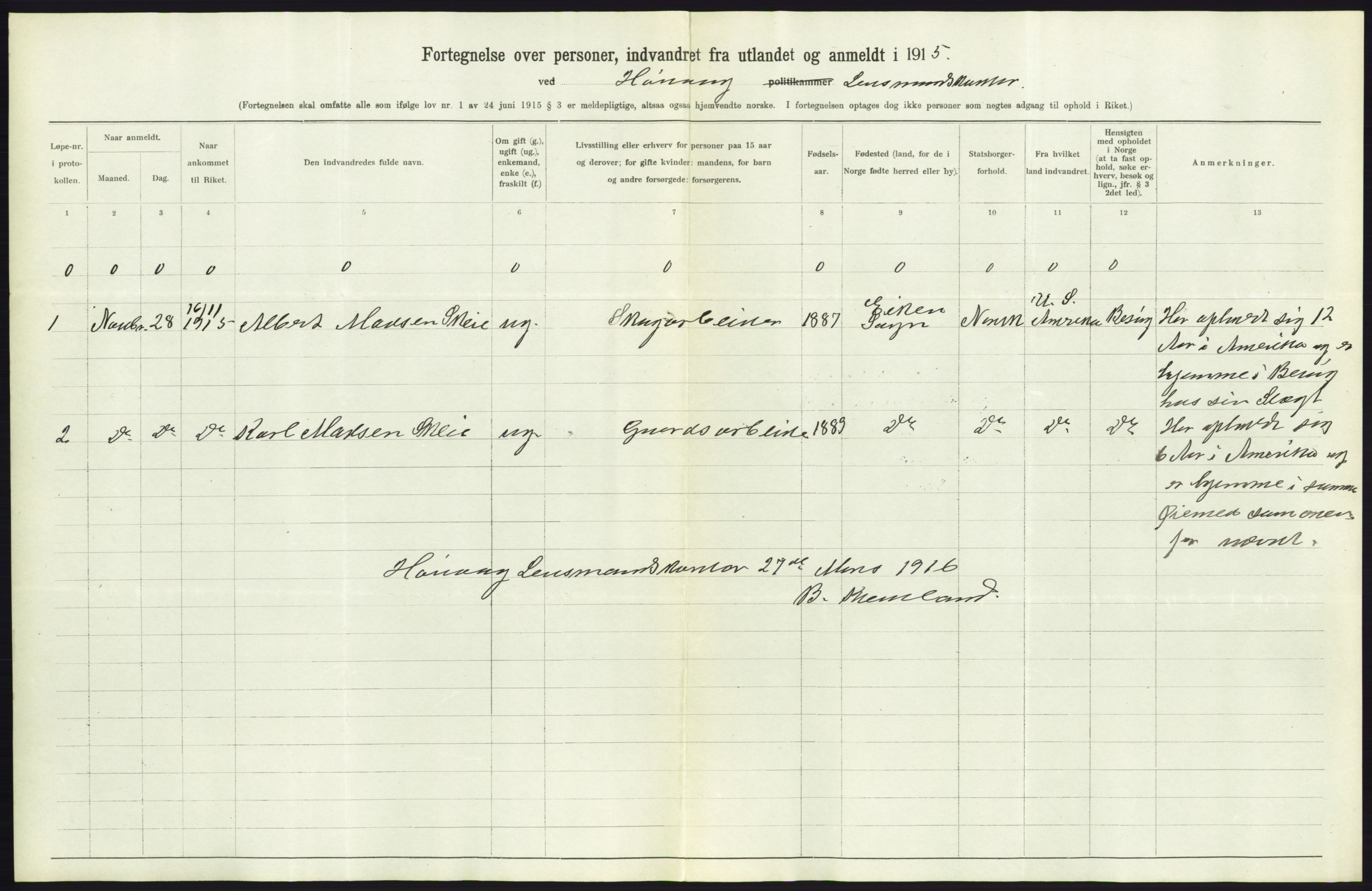 Statistisk sentralbyrå, Sosioøkonomiske emner, Folketellinger, boliger og boforhold, RA/S-2231/F/Fa/L0001: Innvandring. Navn/fylkesvis, 1915, p. 334