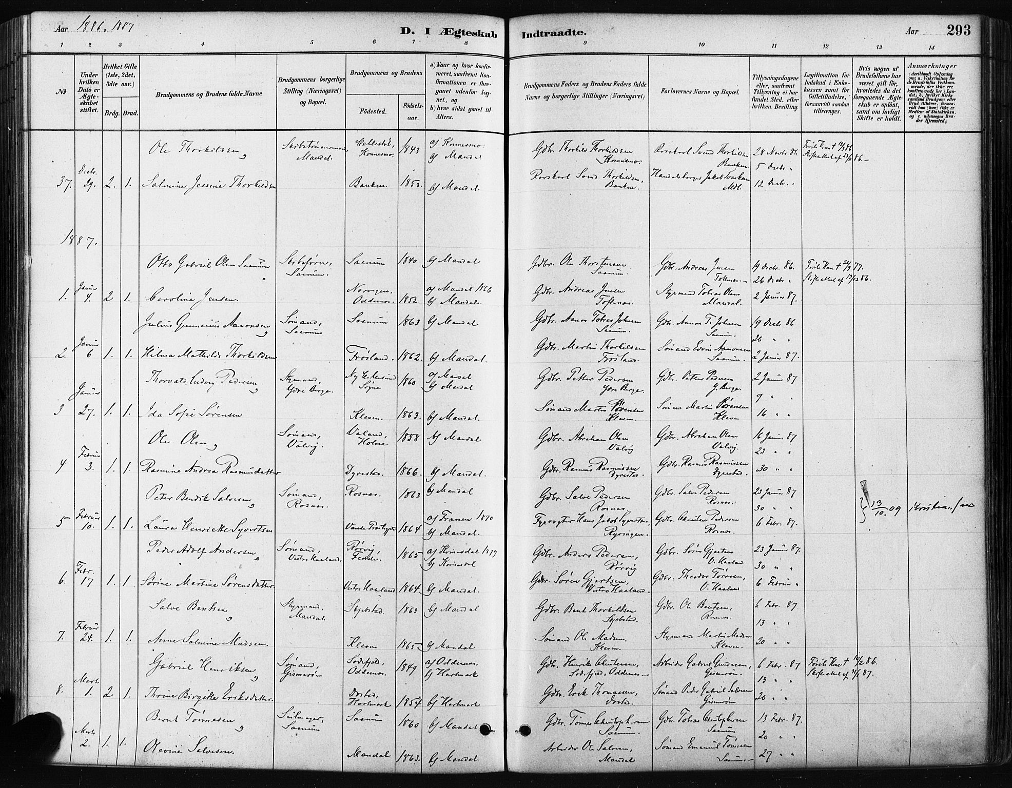 Mandal sokneprestkontor, SAK/1111-0030/F/Fa/Faa/L0016: Parish register (official) no. A 16, 1880-1890, p. 293