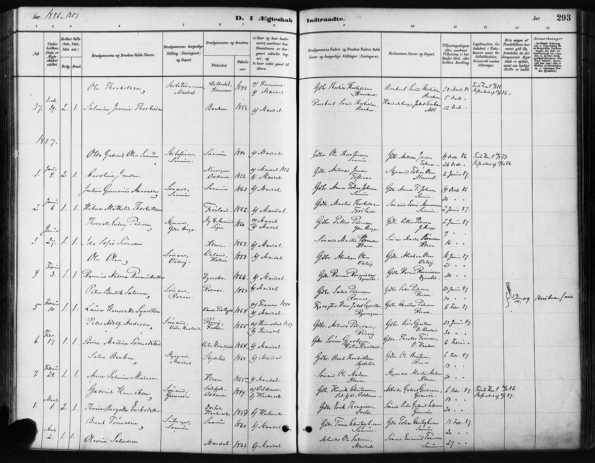 Mandal sokneprestkontor, AV/SAK-1111-0030/F/Fa/Faa/L0016: Parish register (official) no. A 16, 1880-1890, p. 293