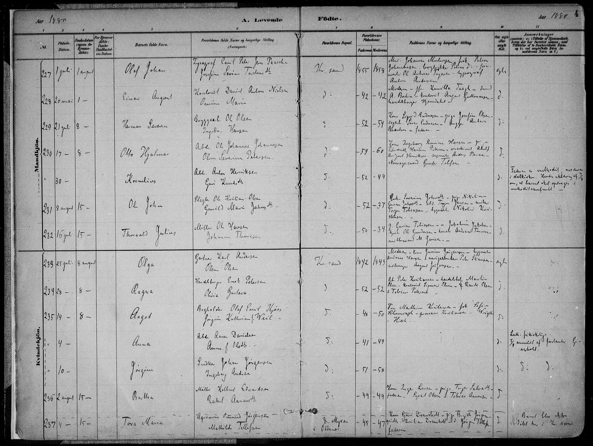 Kristiansand domprosti, AV/SAK-1112-0006/F/Fa/L0016: Parish register (official) no. A 16A, 1880-1890, p. 4