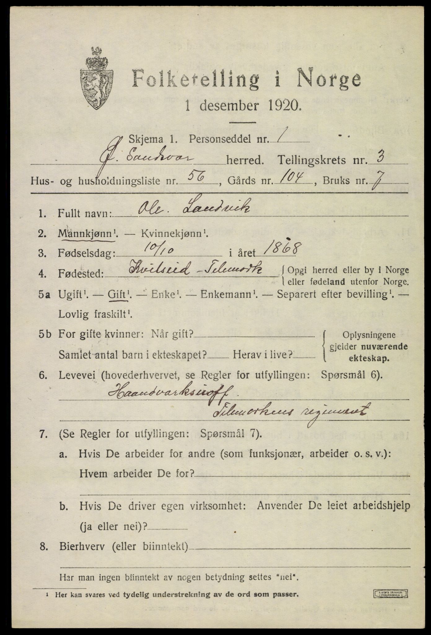 SAKO, 1920 census for Øvre Sandsvær, 1920, p. 2544