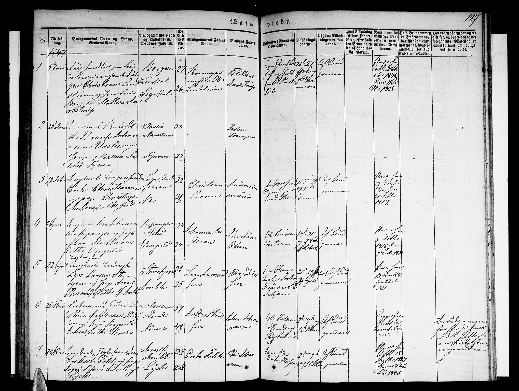 Sogndal sokneprestembete, SAB/A-81301/H/Haa/Haaa/L0011: Parish register (official) no. A 11, 1839-1847, p. 187
