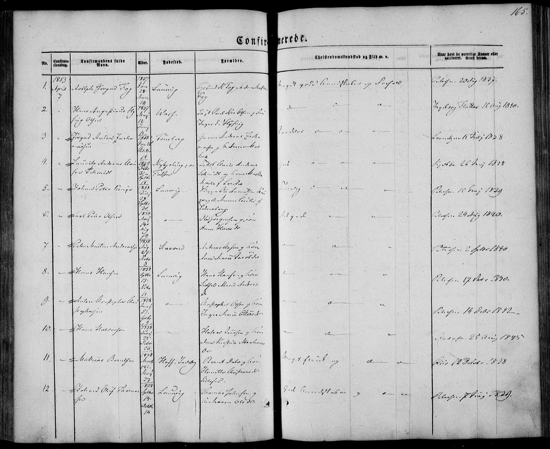 Larvik kirkebøker, SAKO/A-352/F/Fa/L0003: Parish register (official) no. I 3, 1848-1856, p. 165