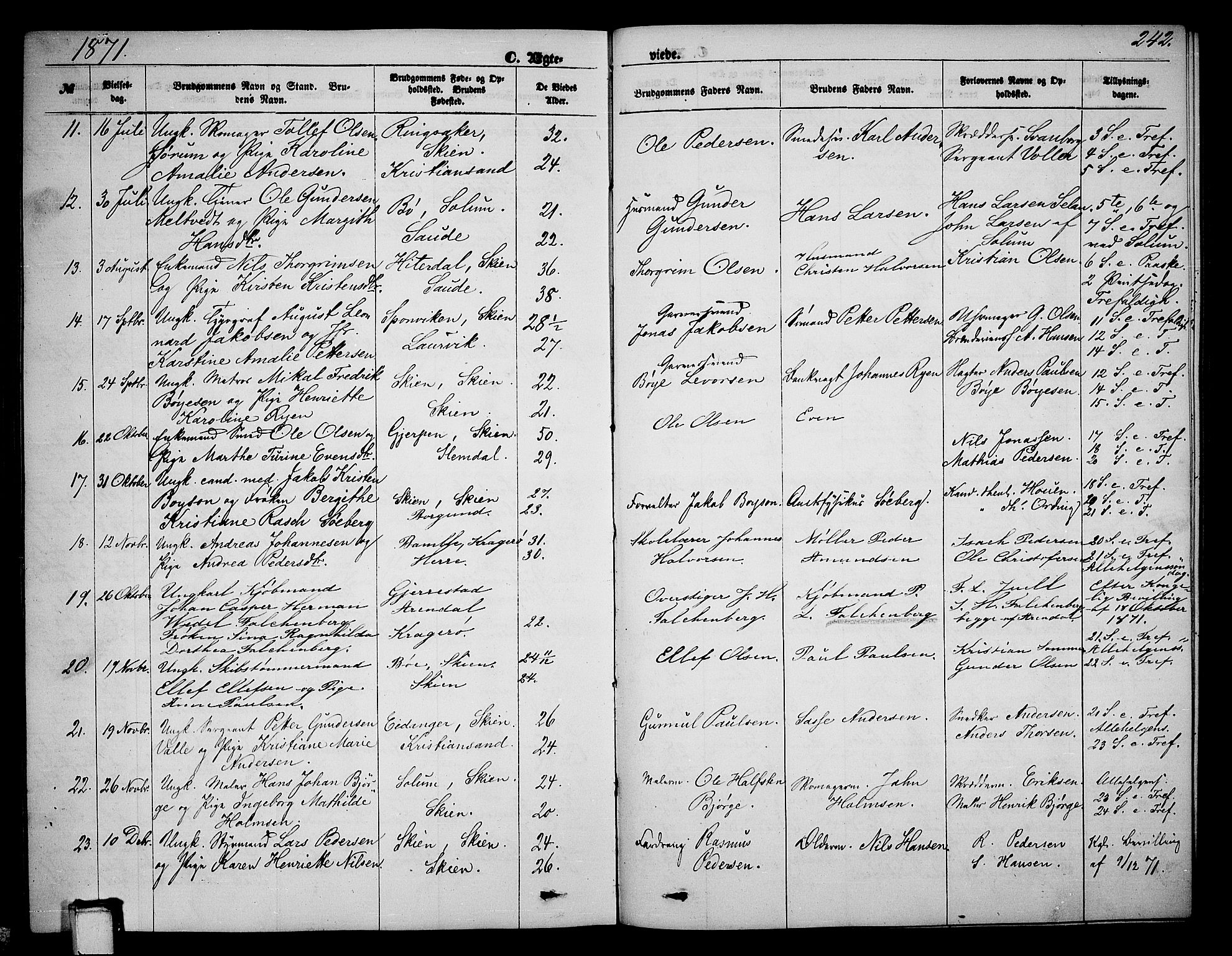 Skien kirkebøker, SAKO/A-302/G/Ga/L0005: Parish register (copy) no. 5, 1868-1880, p. 242
