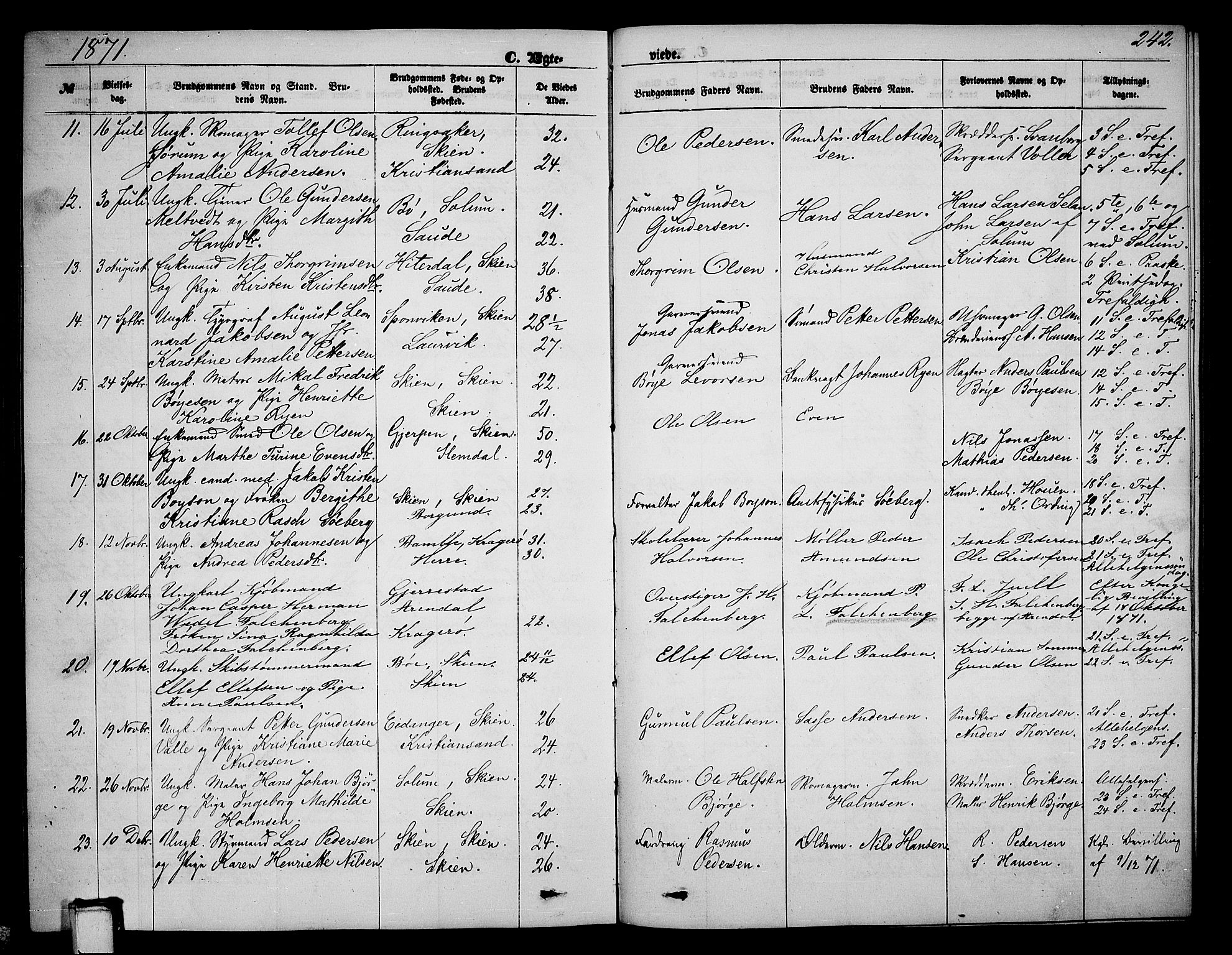 Skien kirkebøker, AV/SAKO-A-302/G/Ga/L0005: Parish register (copy) no. 5, 1868-1880, p. 242