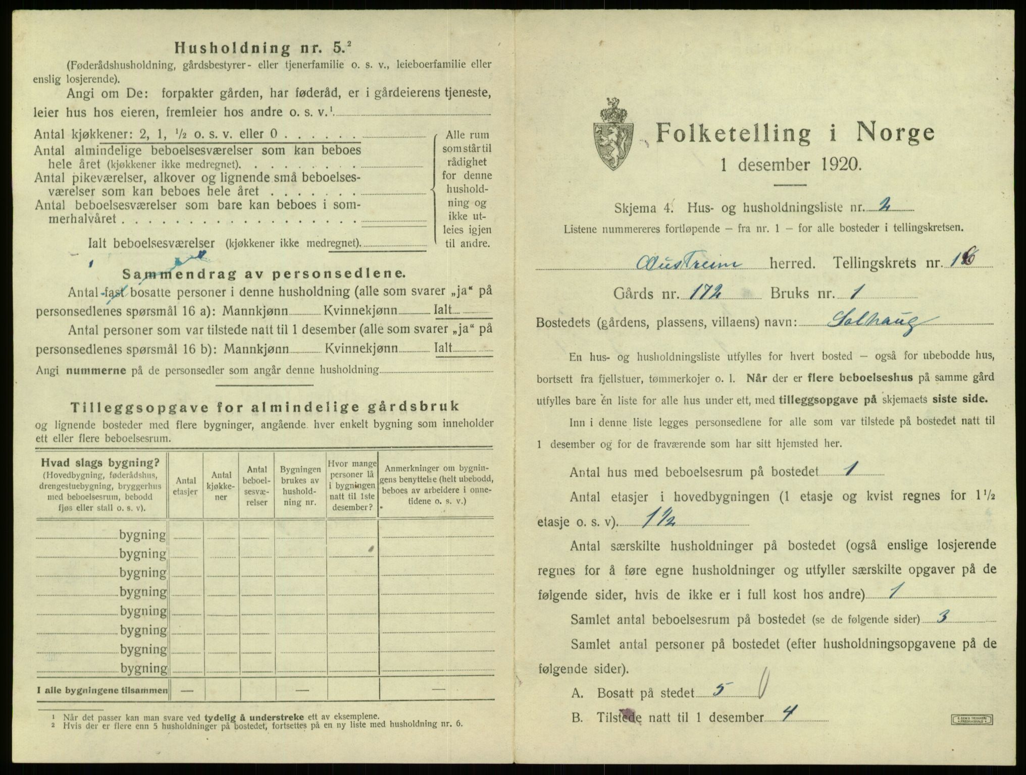 SAB, 1920 census for Austrheim, 1920, p. 722