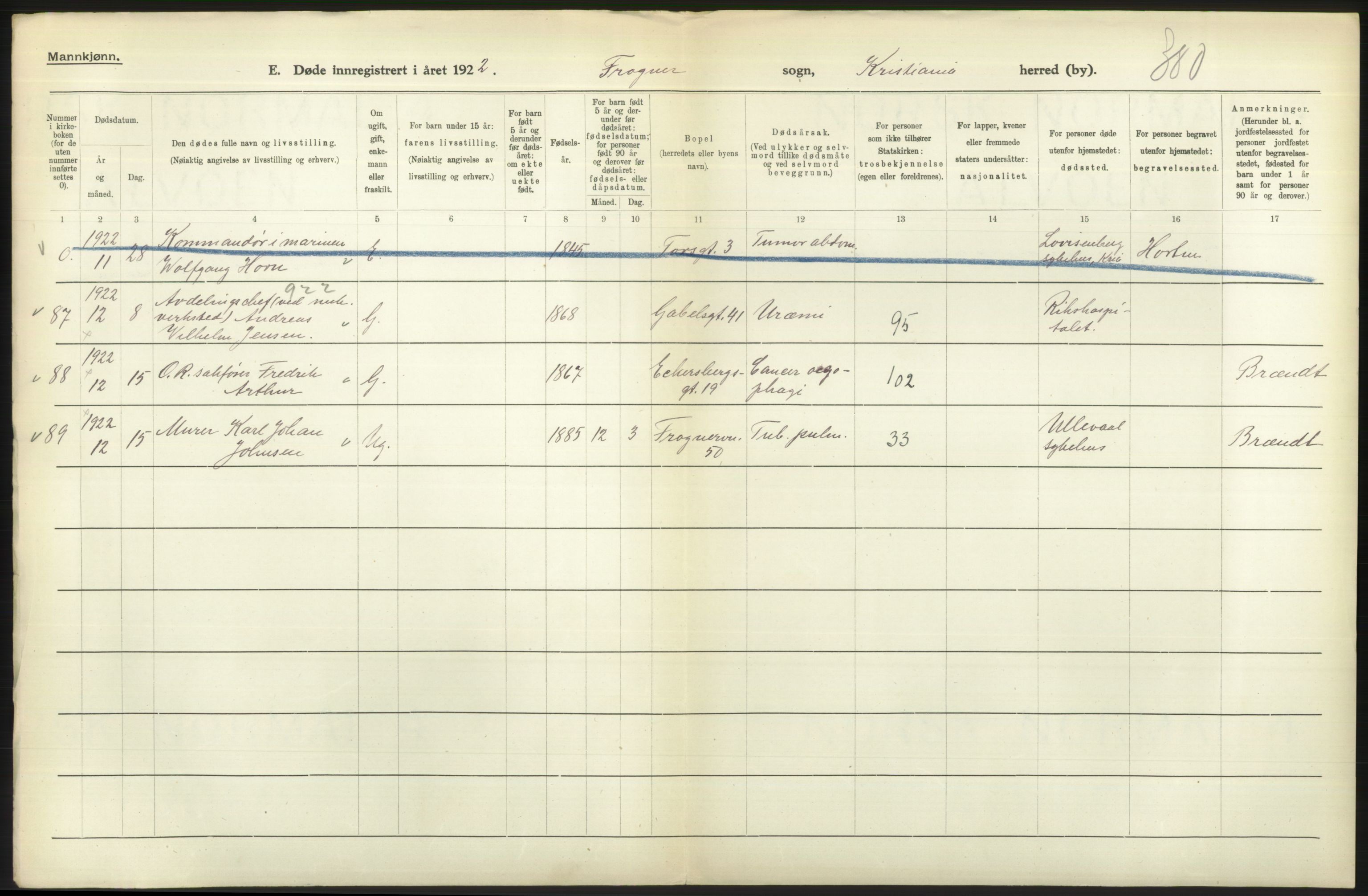 Statistisk sentralbyrå, Sosiodemografiske emner, Befolkning, AV/RA-S-2228/D/Df/Dfc/Dfcb/L0009: Kristiania: Døde, 1922, p. 280