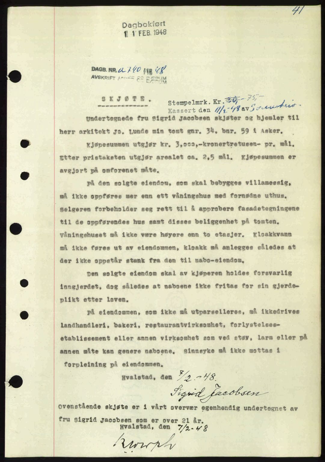 Asker og Bærum sorenskriveri, AV/SAO-A-10379a/G/Gb/Gba/L0001: Mortgage book no. A87, 1948-1948, Diary no: : 740/1948