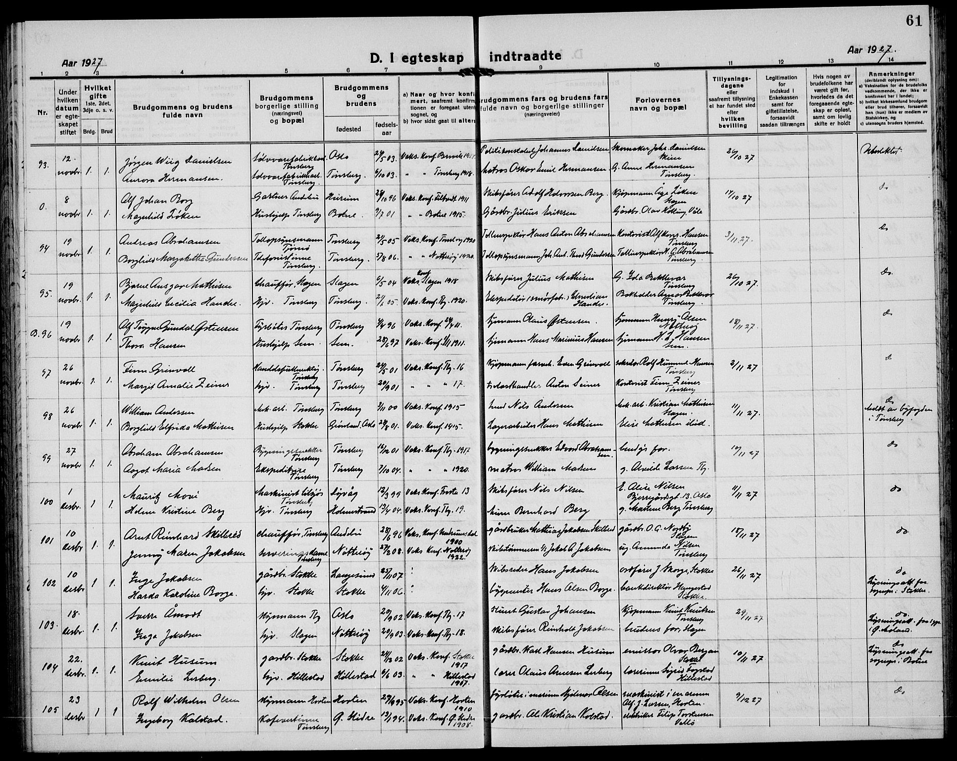 Tønsberg kirkebøker, AV/SAKO-A-330/G/Ga/L0016: Parish register (copy) no. 16, 1920-1933, p. 61