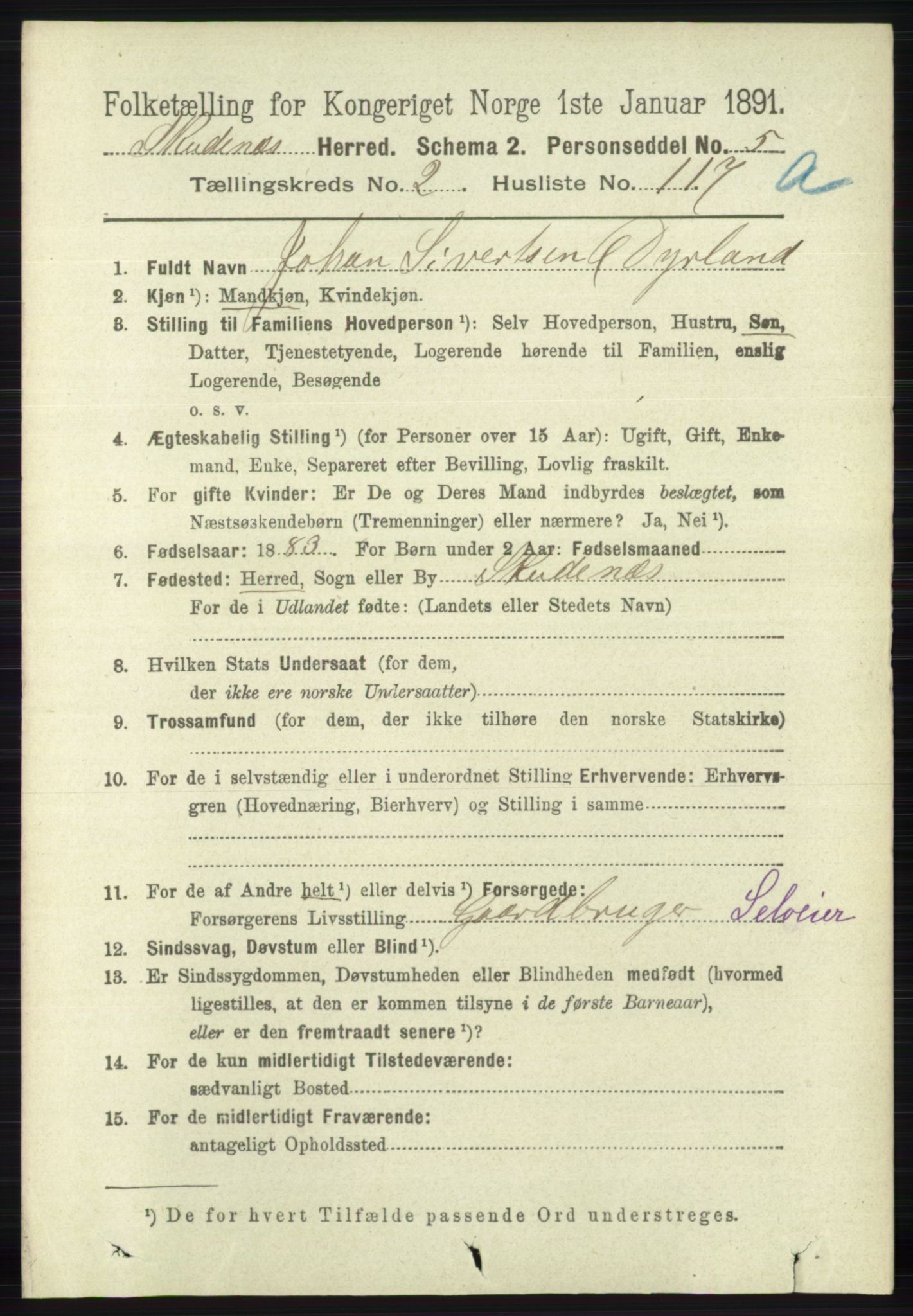 RA, 1891 census for 1150 Skudenes, 1891, p. 1326