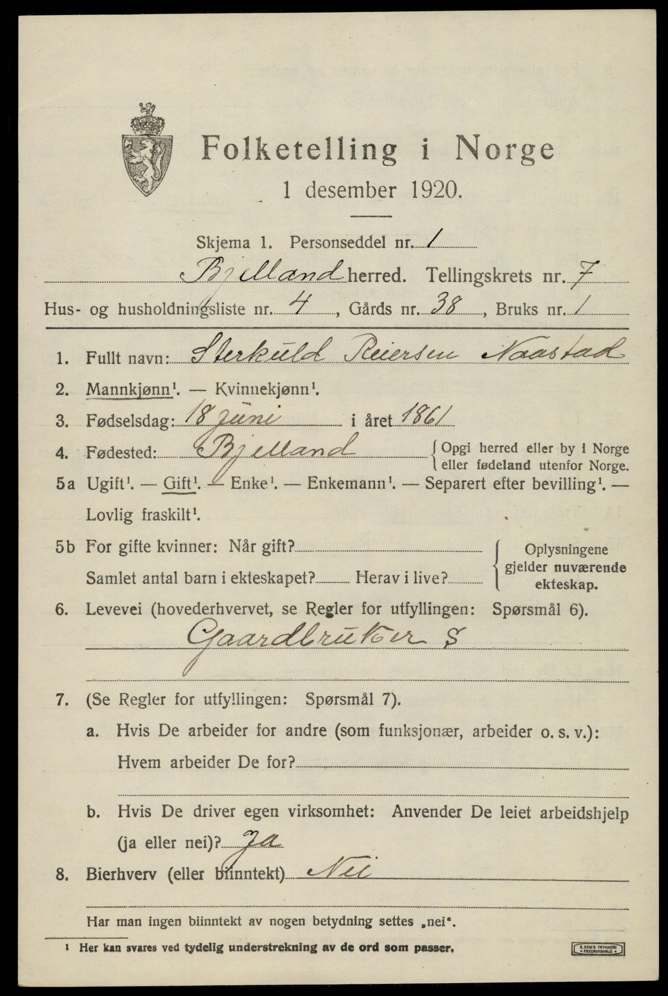 SAK, 1920 census for Bjelland, 1920, p. 2081