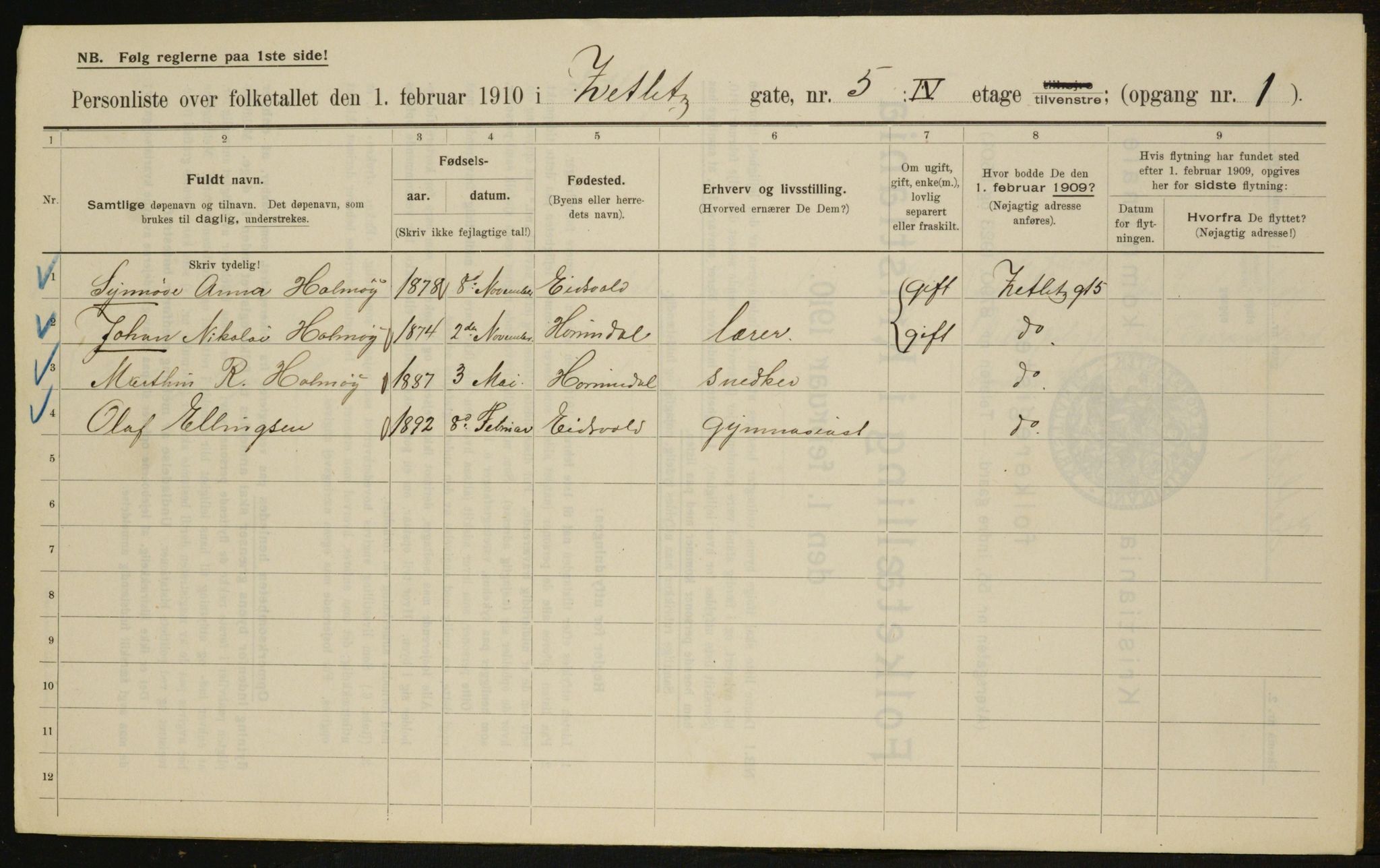 OBA, Municipal Census 1910 for Kristiania, 1910, p. 122024