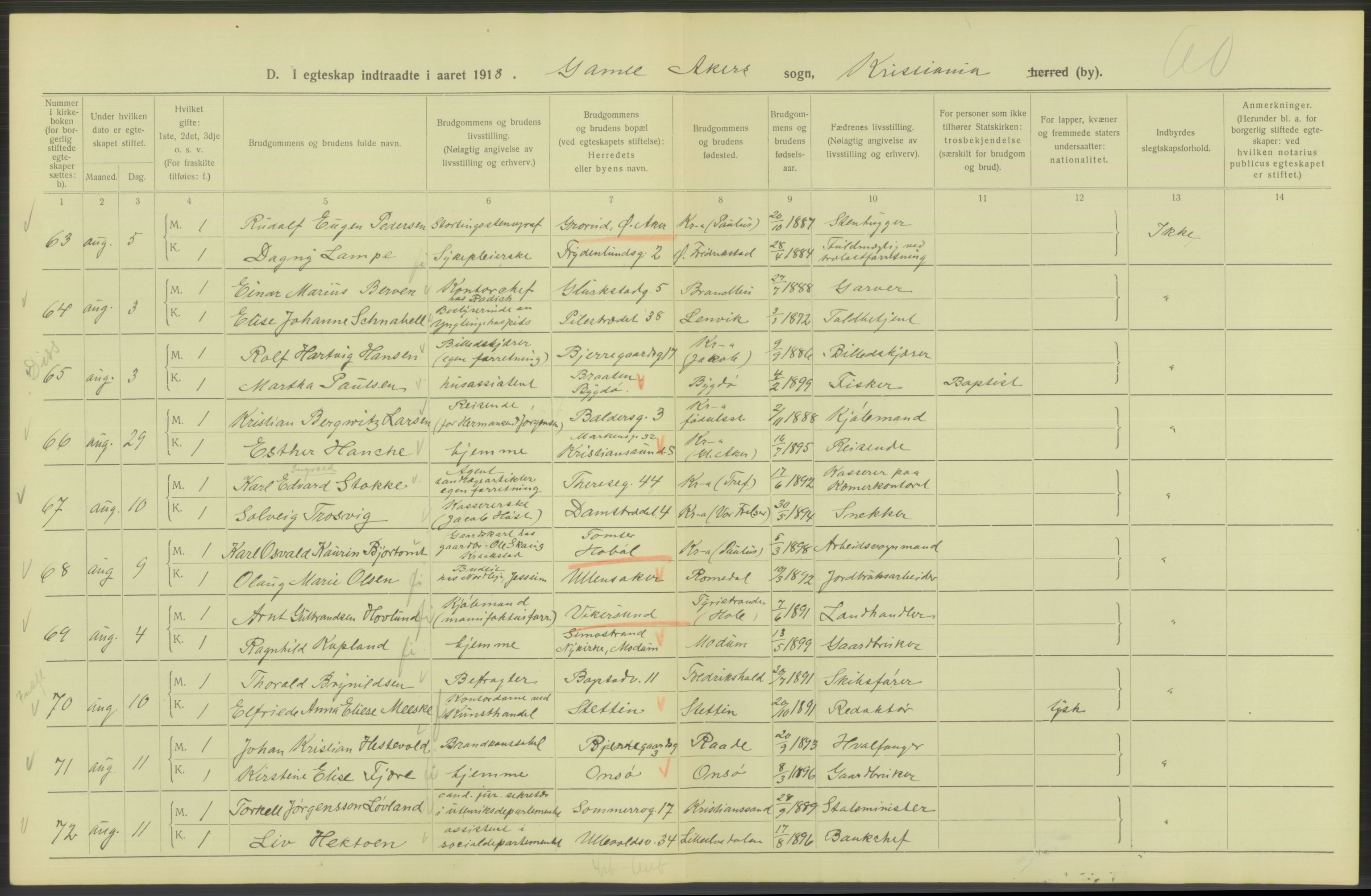 Statistisk sentralbyrå, Sosiodemografiske emner, Befolkning, AV/RA-S-2228/D/Df/Dfb/Dfbh/L0009: Kristiania: Gifte, 1918, p. 320