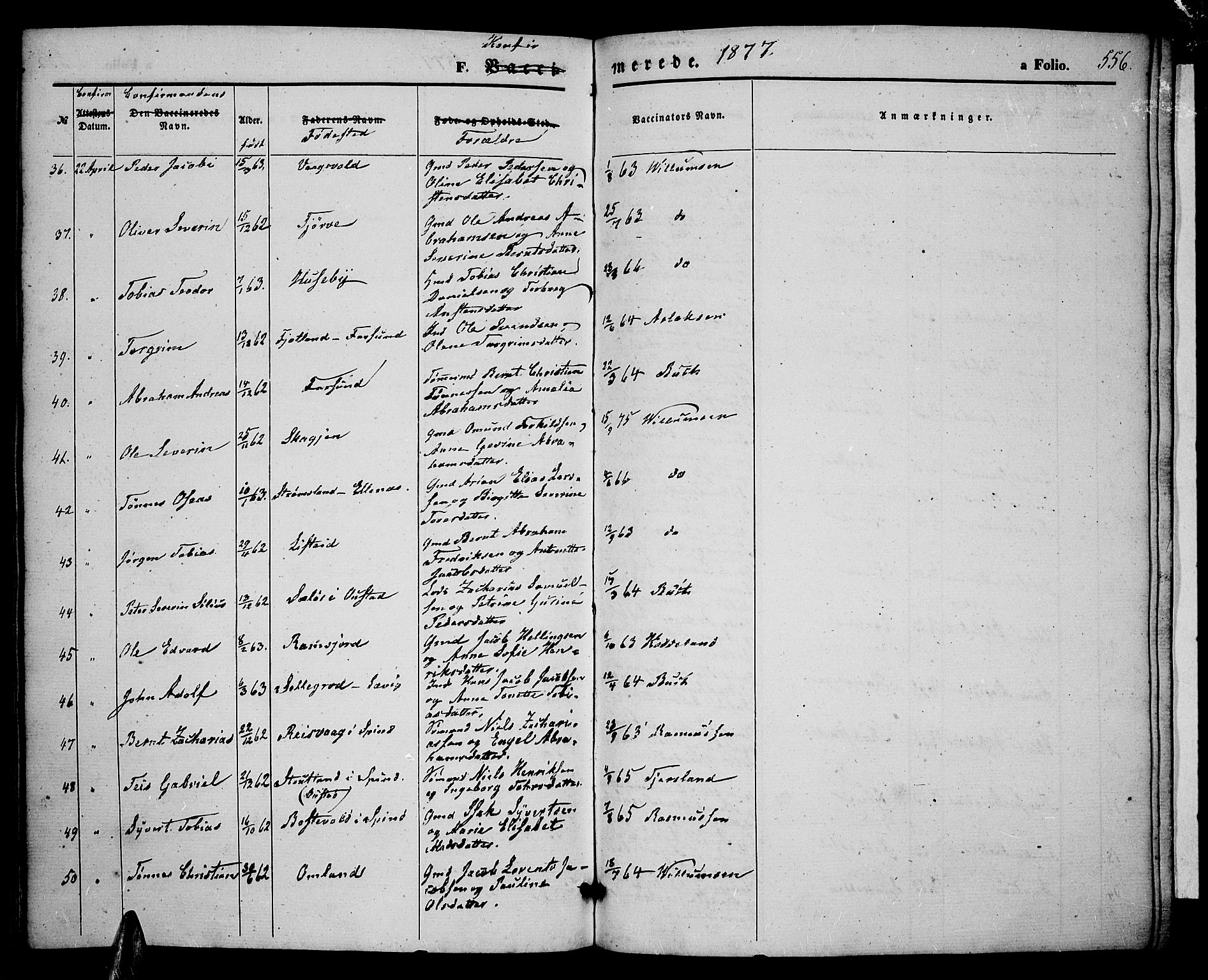 Lista sokneprestkontor, SAK/1111-0027/F/Fb/L0003: Parish register (copy) no. B 3, 1862-1877, p. 556