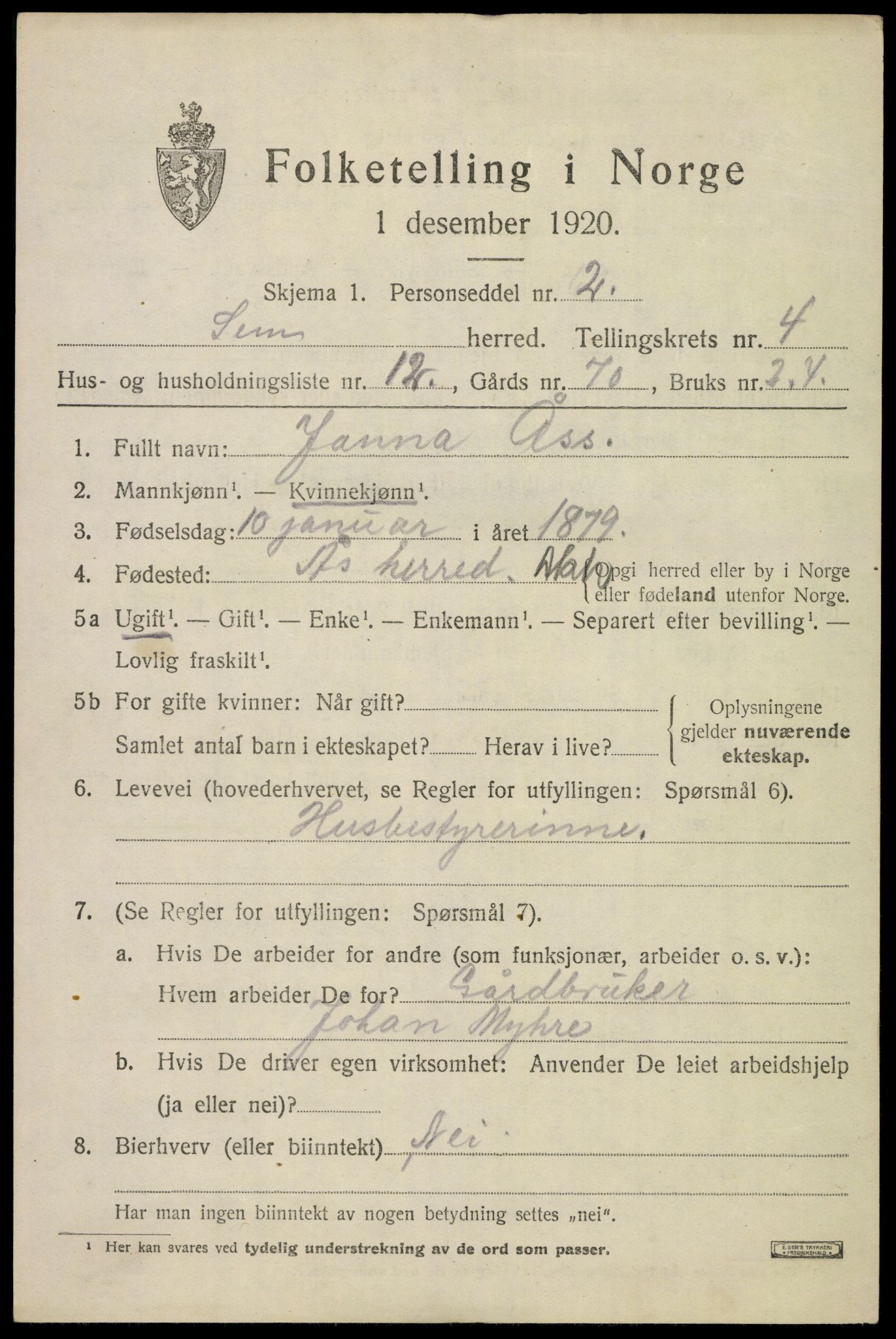 SAKO, 1920 census for Sem, 1920, p. 7211