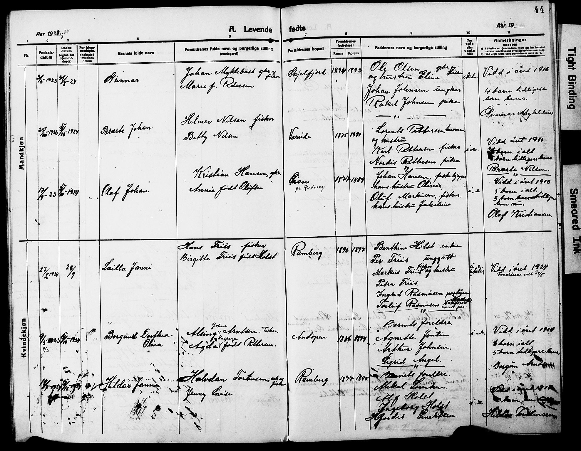 Ministerialprotokoller, klokkerbøker og fødselsregistre - Nordland, SAT/A-1459/885/L1215: Parish register (copy) no. 885C04, 1916-1929, p. 44