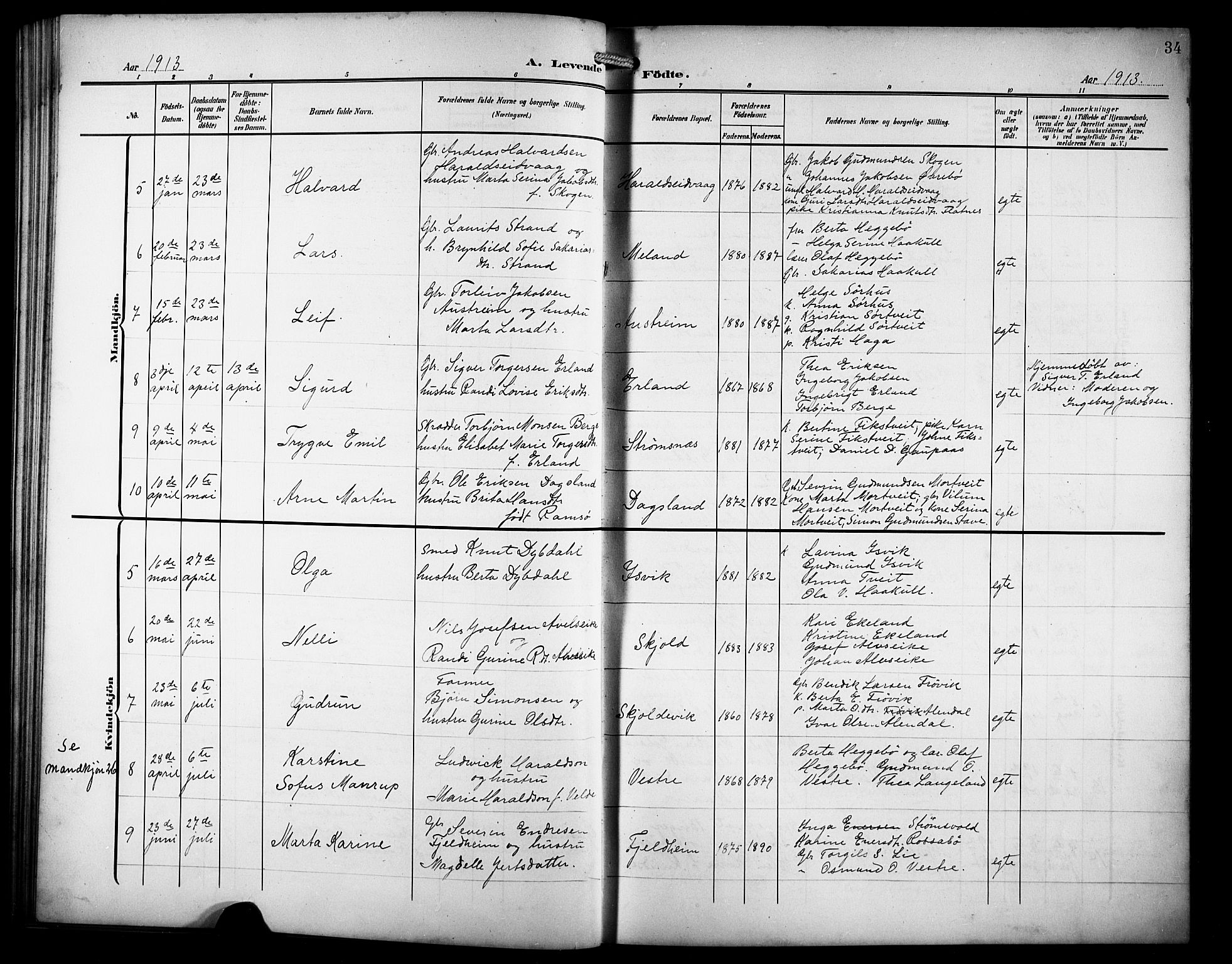 Skjold sokneprestkontor, SAST/A-101847/H/Ha/Hab/L0008: Parish register (copy) no. B 8, 1906-1920, p. 34