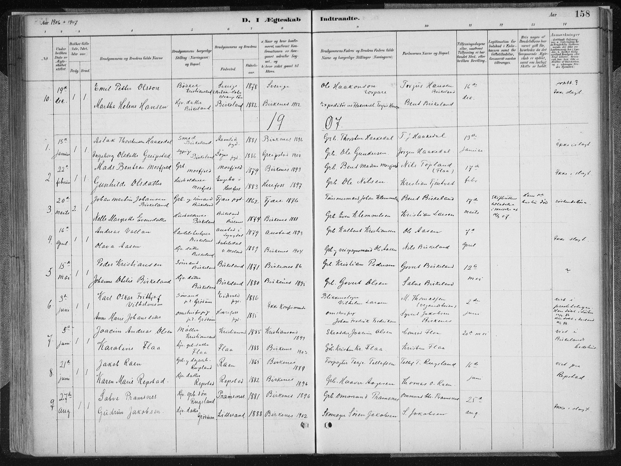 Birkenes sokneprestkontor, SAK/1111-0004/F/Fa/L0005: Parish register (official) no. A 5, 1887-1907, p. 158