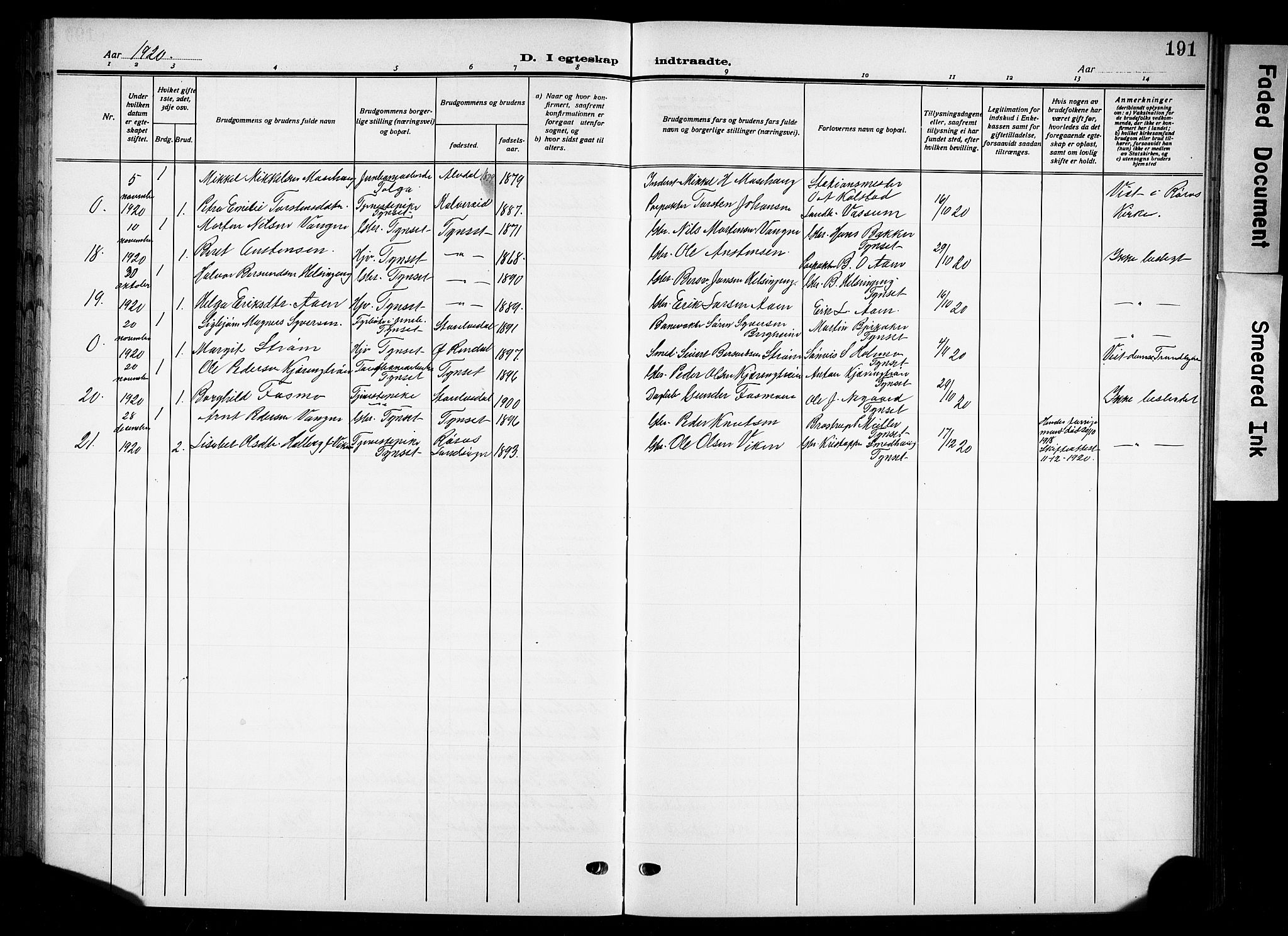 Tynset prestekontor, SAH/PREST-058/H/Ha/Hab/L0011: Parish register (copy) no. 11, 1915-1930, p. 191