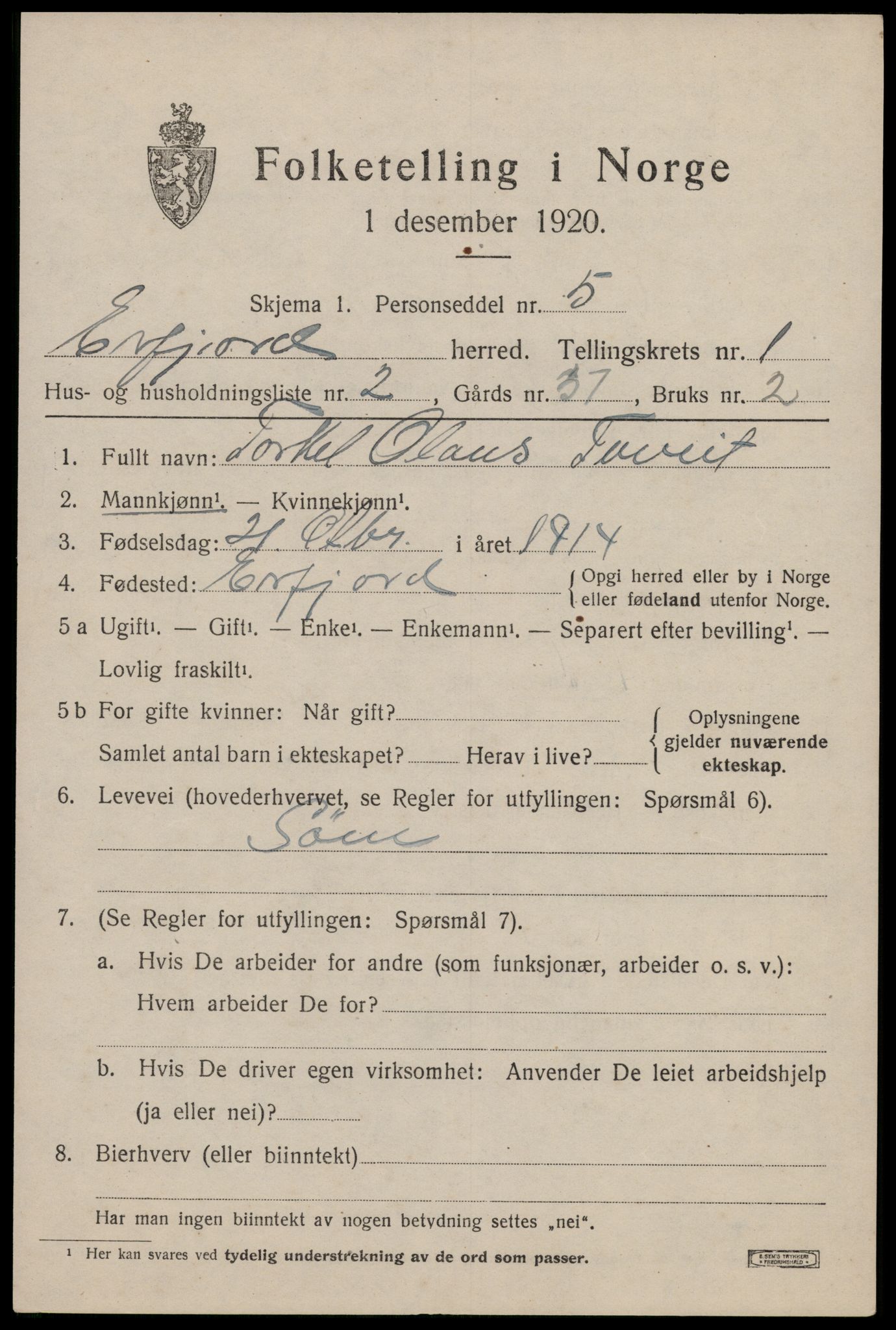 SAST, 1920 census for Erfjord, 1920, p. 291