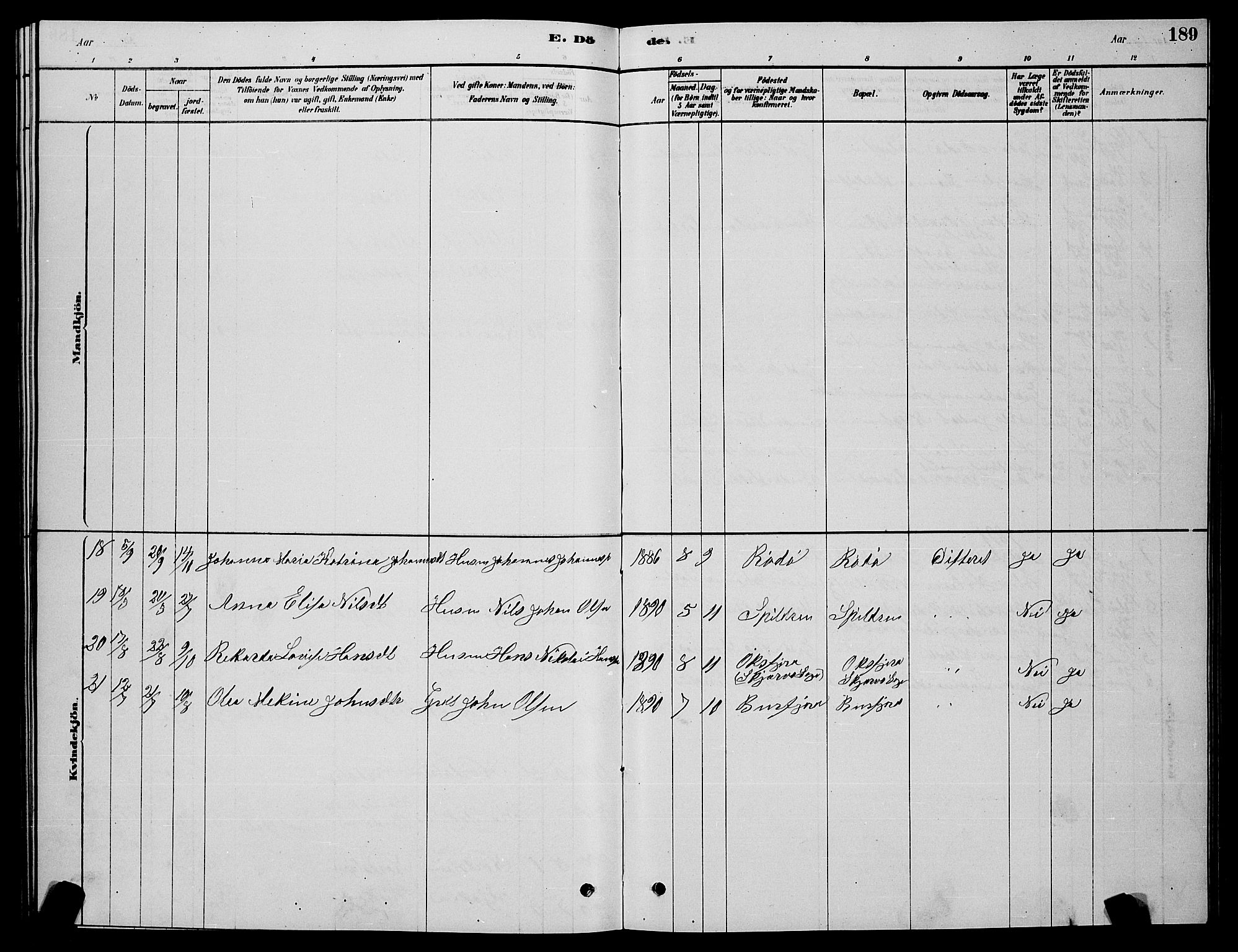 Skjervøy sokneprestkontor, AV/SATØ-S-1300/H/Ha/Hab/L0015klokker: Parish register (copy) no. 15, 1878-1890, p. 189