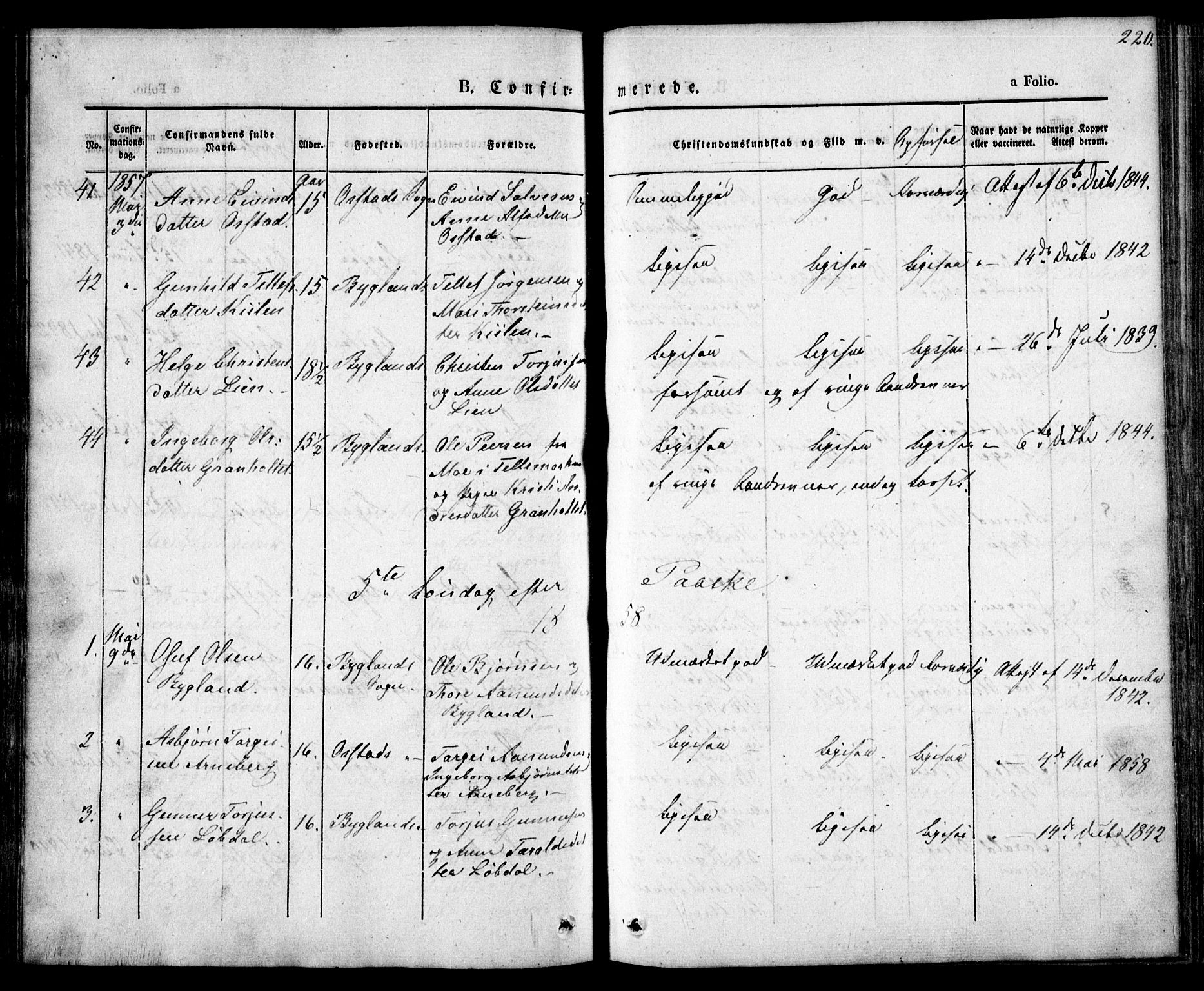 Bygland sokneprestkontor, SAK/1111-0006/F/Fa/Fab/L0004: Parish register (official) no. A 4, 1842-1858, p. 220