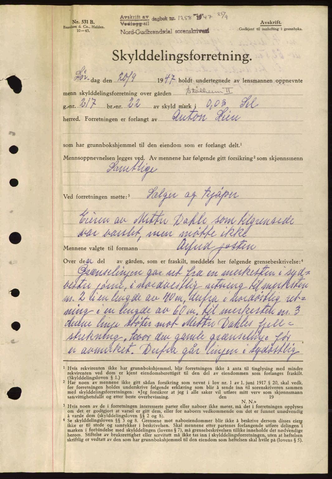 Nord-Gudbrandsdal tingrett, SAH/TING-002/H/Hb/Hbb/L0018: Mortgage book no. FA18, 1947-1947, Diary no: : 1258/1947