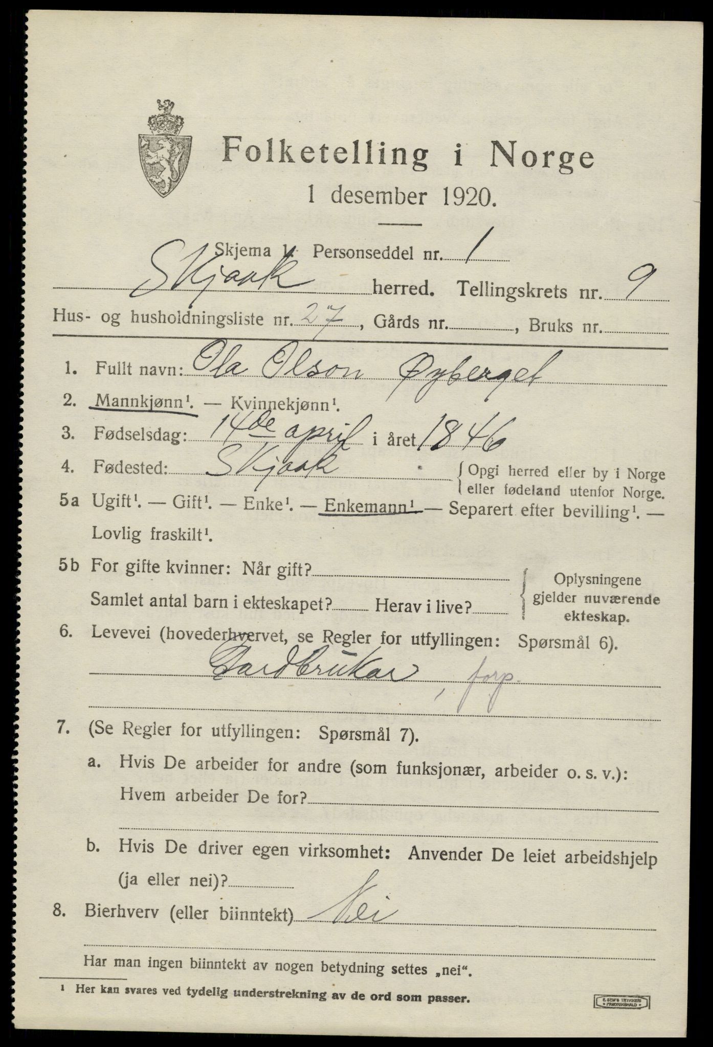 SAH, 1920 census for Skjåk, 1920, p. 4560