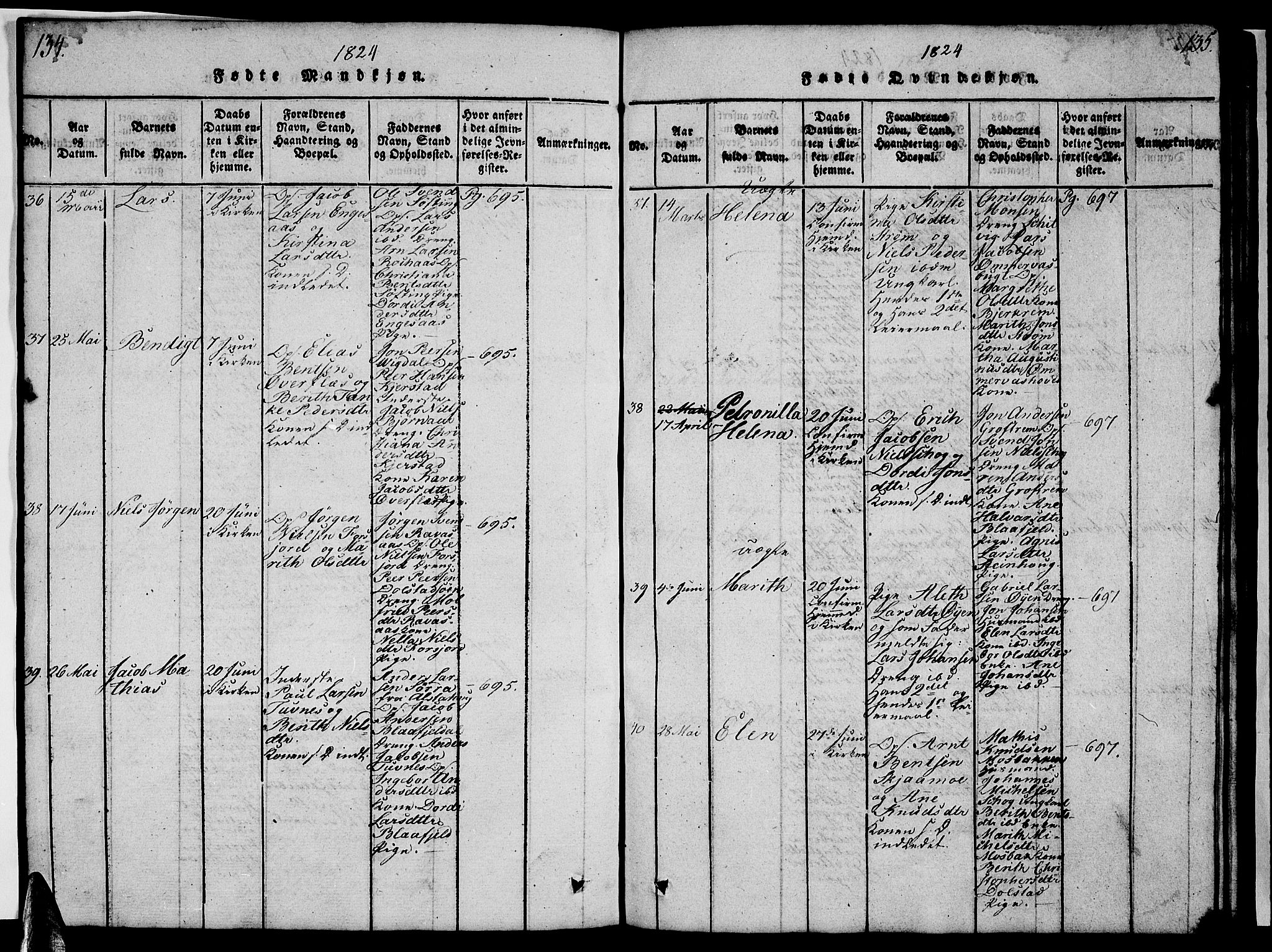 Ministerialprotokoller, klokkerbøker og fødselsregistre - Nordland, AV/SAT-A-1459/820/L0299: Parish register (copy) no. 820C01, 1820-1825, p. 134-135