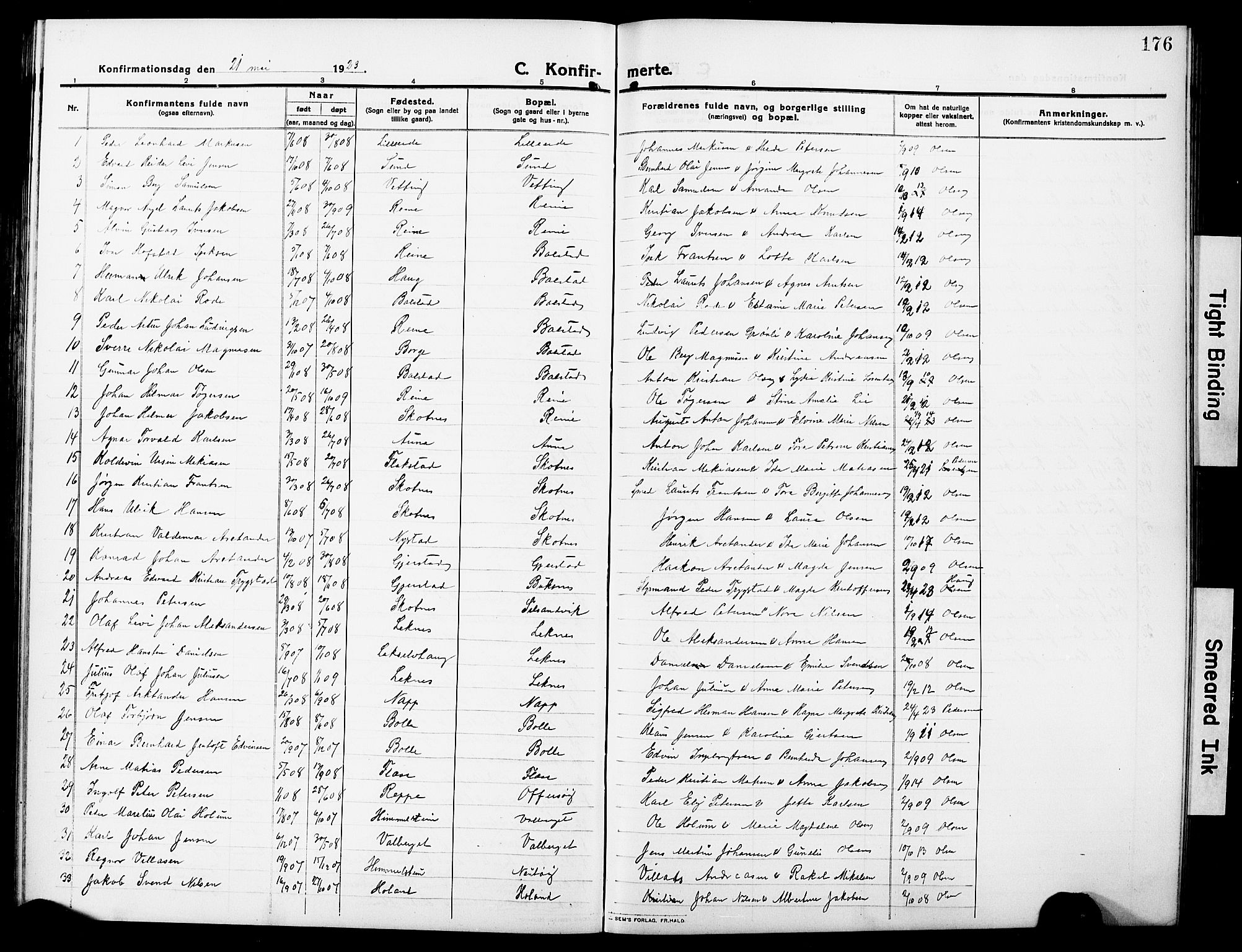Ministerialprotokoller, klokkerbøker og fødselsregistre - Nordland, SAT/A-1459/881/L1169: Parish register (copy) no. 881C06, 1912-1930, p. 176