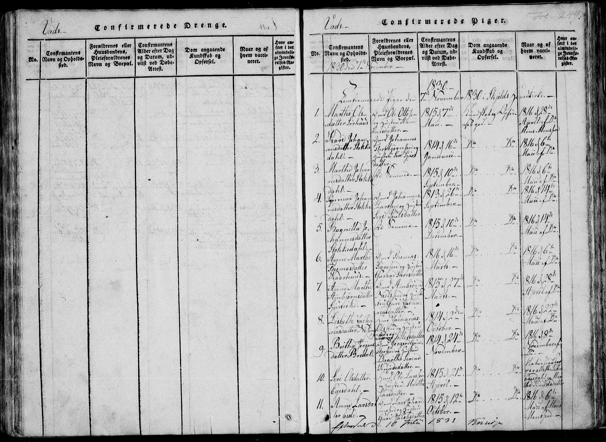 Skjold sokneprestkontor, AV/SAST-A-101847/H/Ha/Haa/L0004: Parish register (official) no. A 4 /2, 1815-1830, p. 249