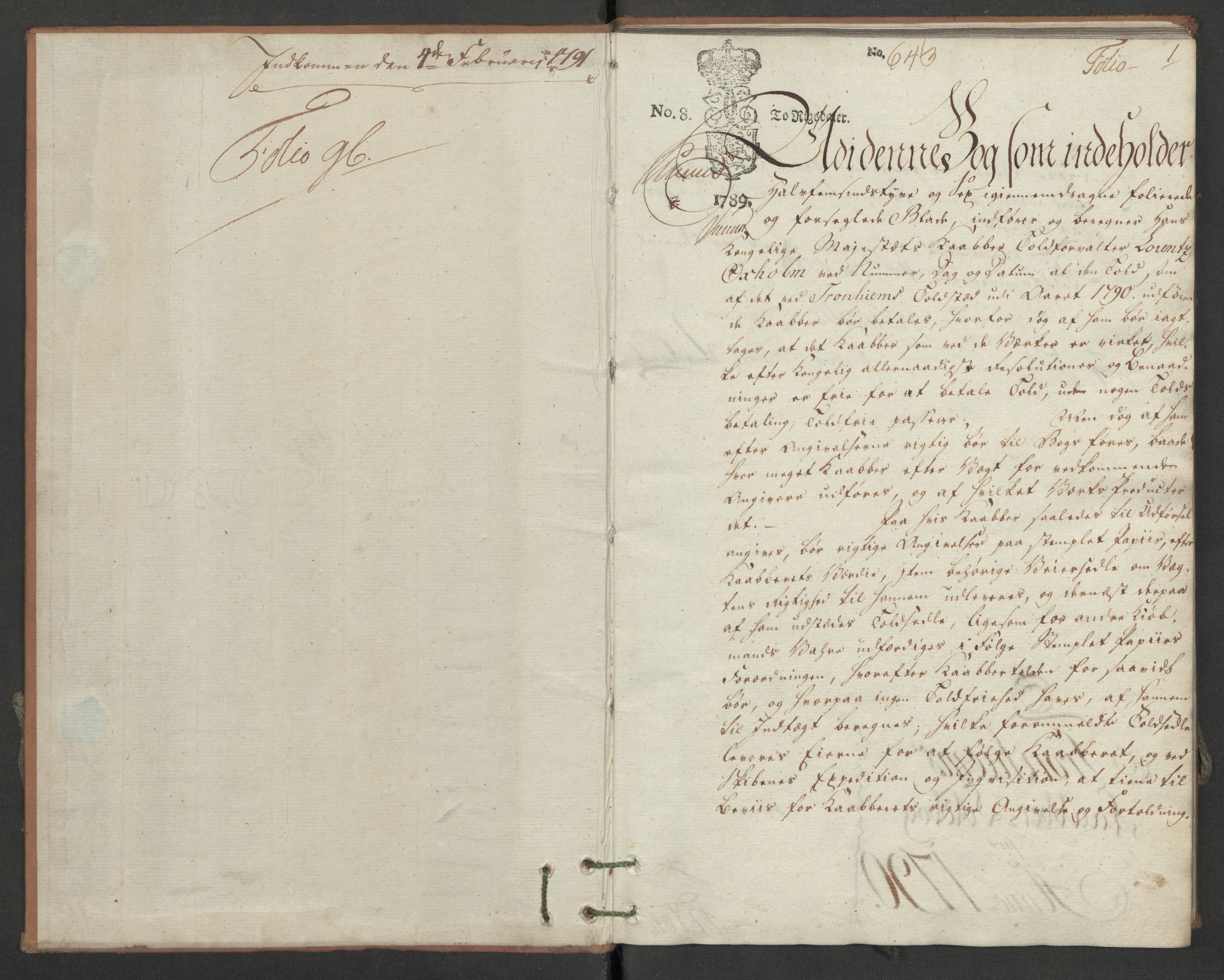 Generaltollkammeret, tollregnskaper, RA/EA-5490/R34/L0040/0001: Koppertollregnskaper Trondheim B / Tollbok for koppertollen, 1790