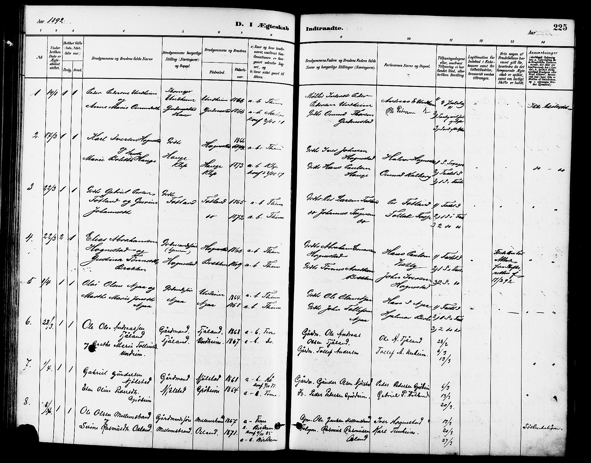 Lye sokneprestkontor, SAST/A-101794/001/30BA/L0009: Parish register (official) no. A 8, 1881-1892, p. 225