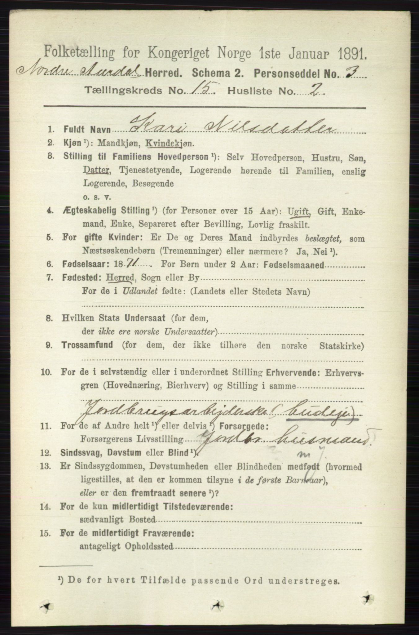 RA, 1891 census for 0542 Nord-Aurdal, 1891, p. 5750