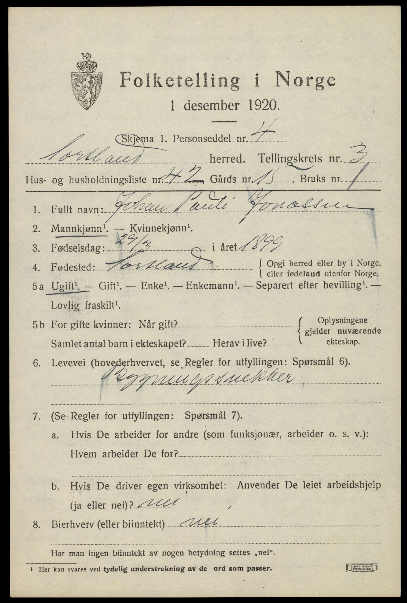 SAT, 1920 census for Sortland, 1920, p. 4214