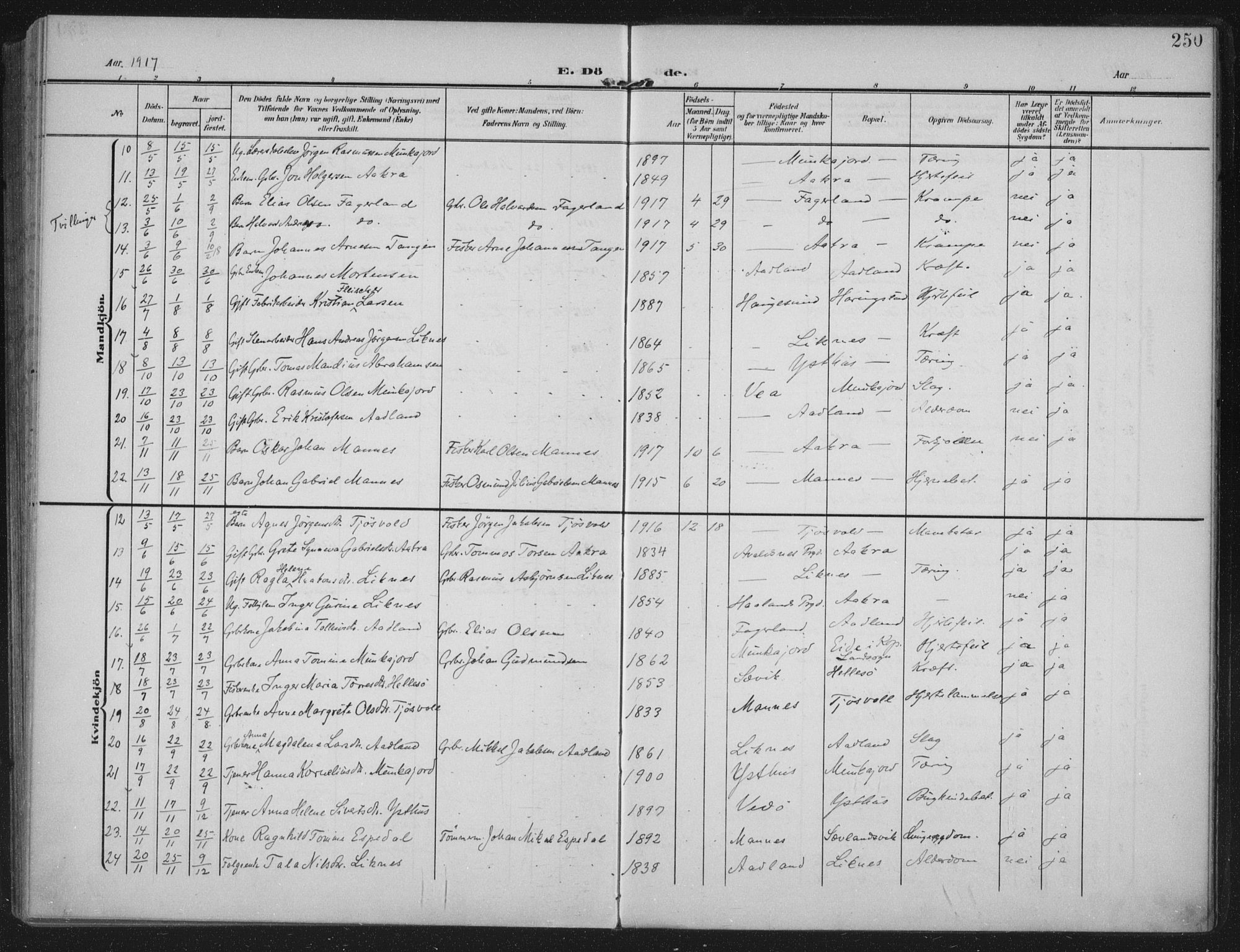 Kopervik sokneprestkontor, SAST/A-101850/H/Ha/Haa/L0005: Parish register (official) no. A 5, 1906-1924, p. 250