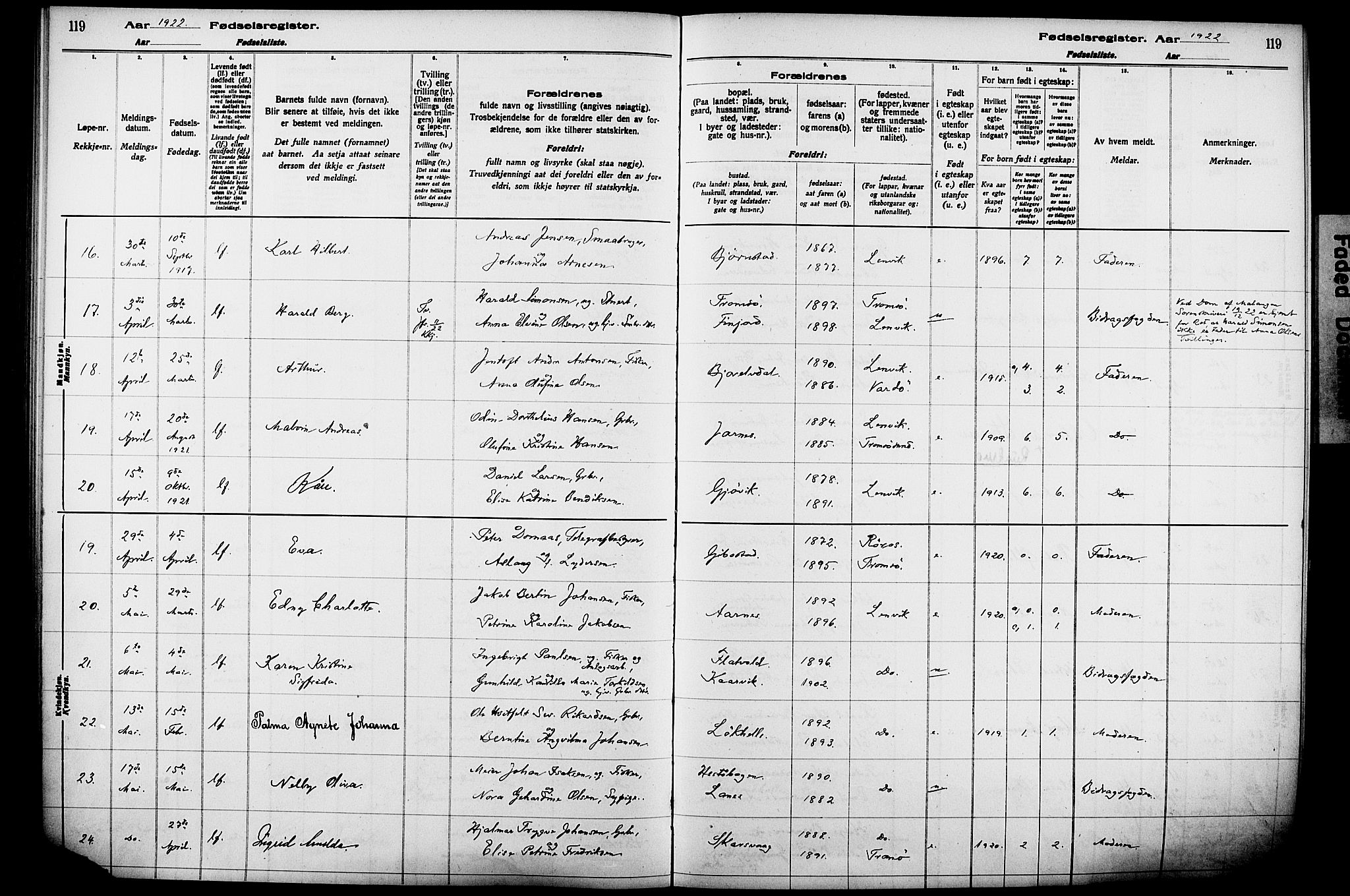 Lenvik sokneprestembete, AV/SATØ-S-1310/I/Ic/L0089: Birth register no. 89, 1916-1926, p. 119