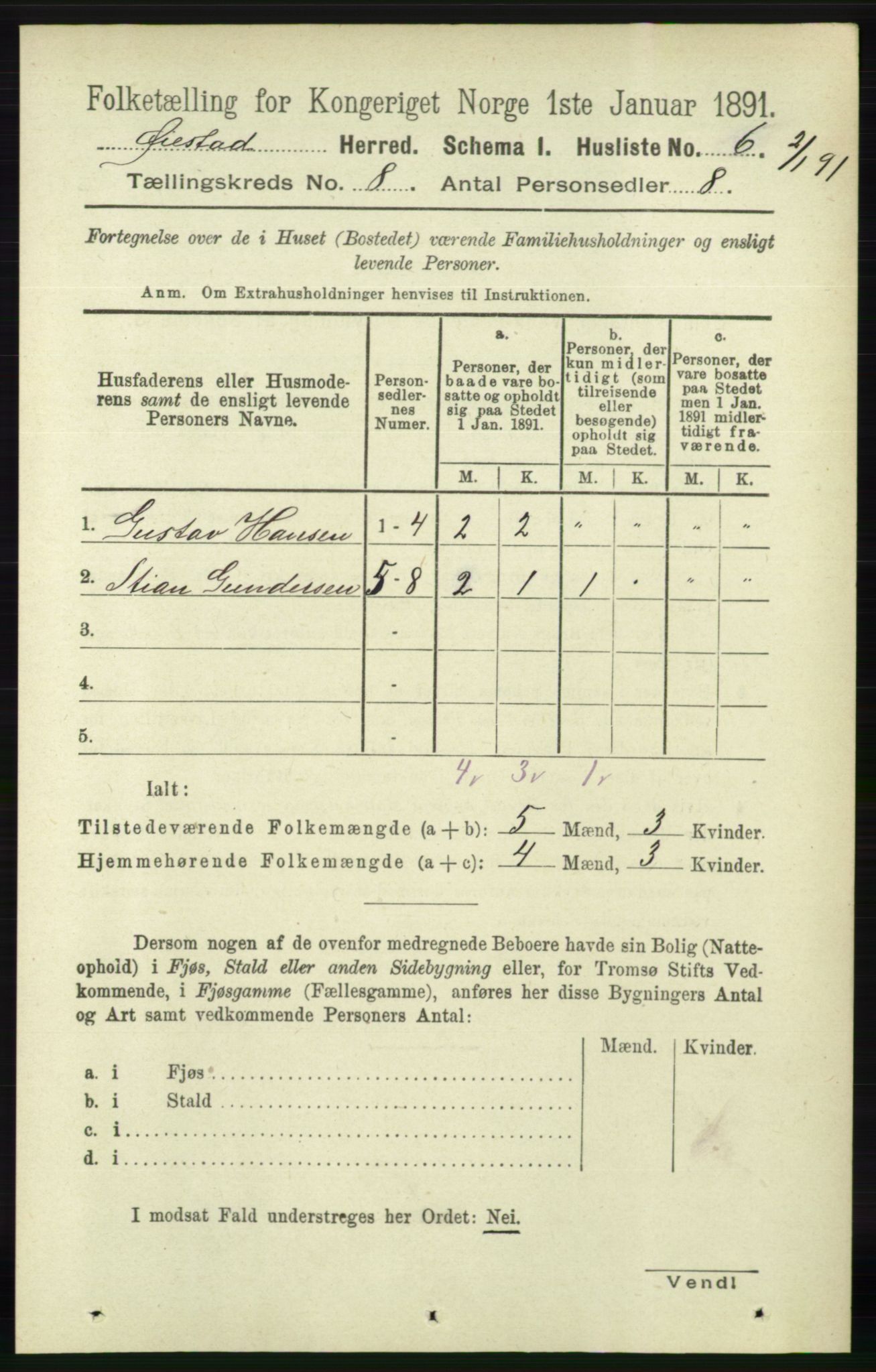 RA, 1891 census for 0920 Øyestad, 1891, p. 3140