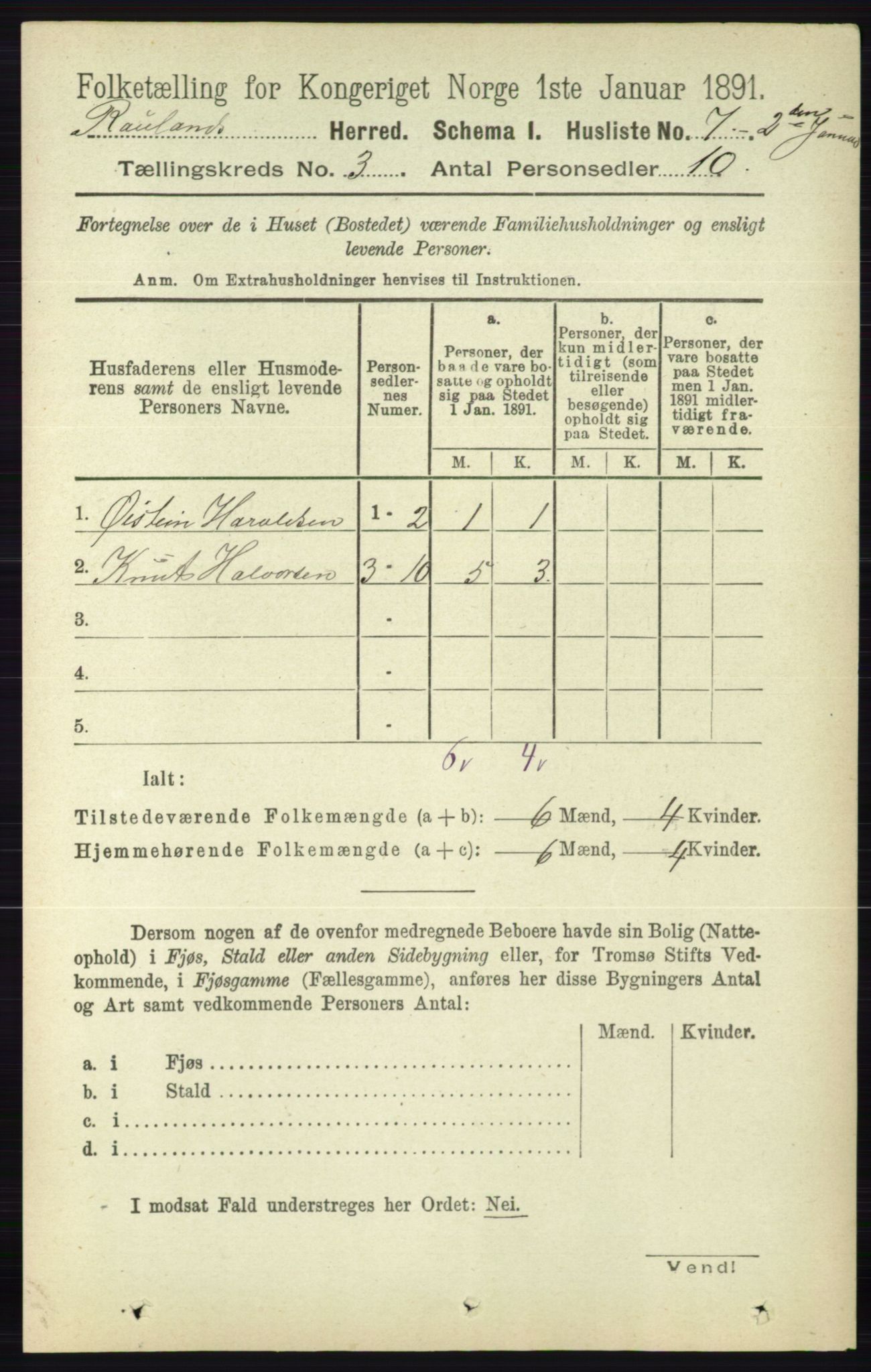 RA, 1891 census for 0835 Rauland, 1891, p. 743