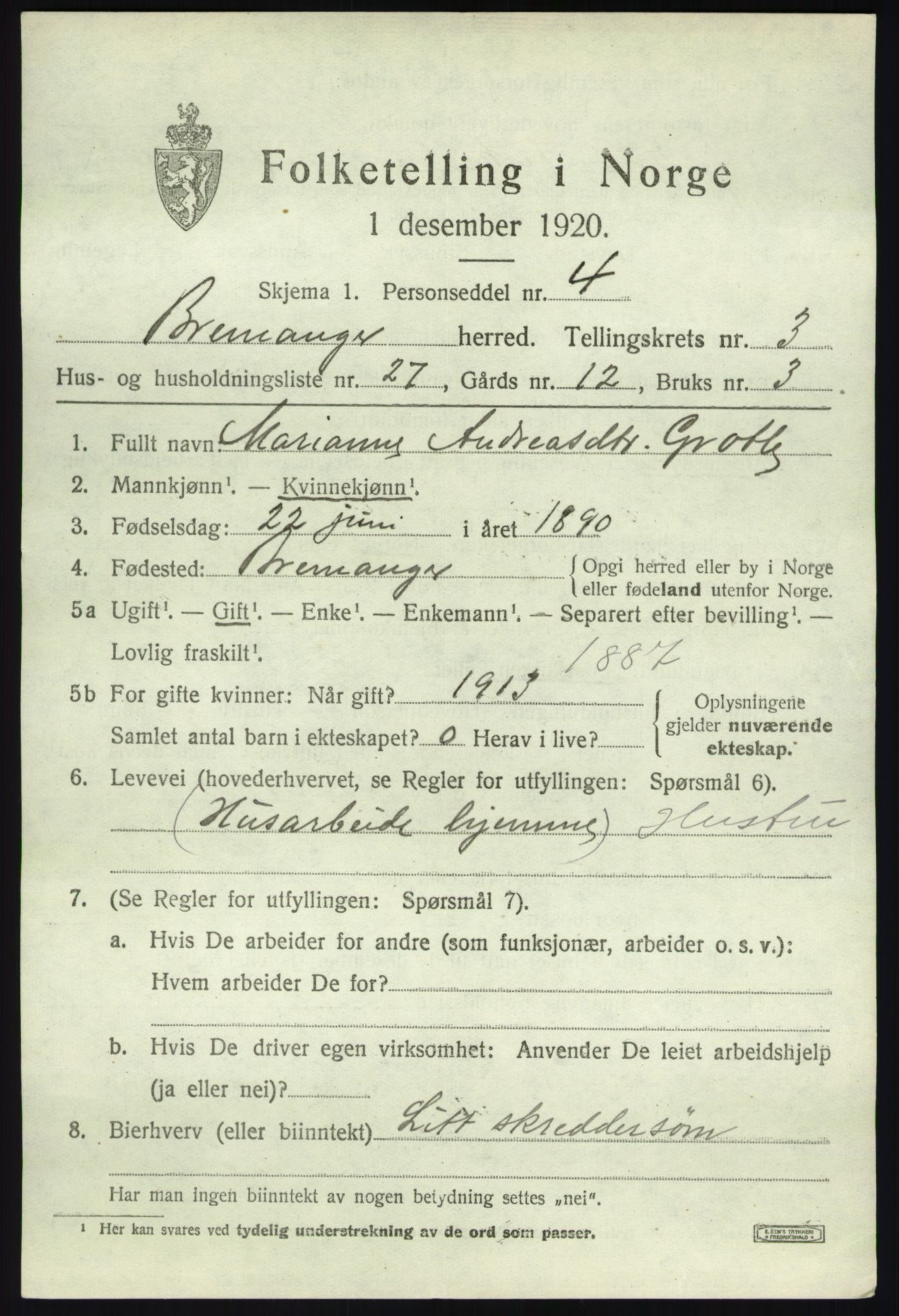 SAB, 1920 census for Bremanger, 1920, p. 2754