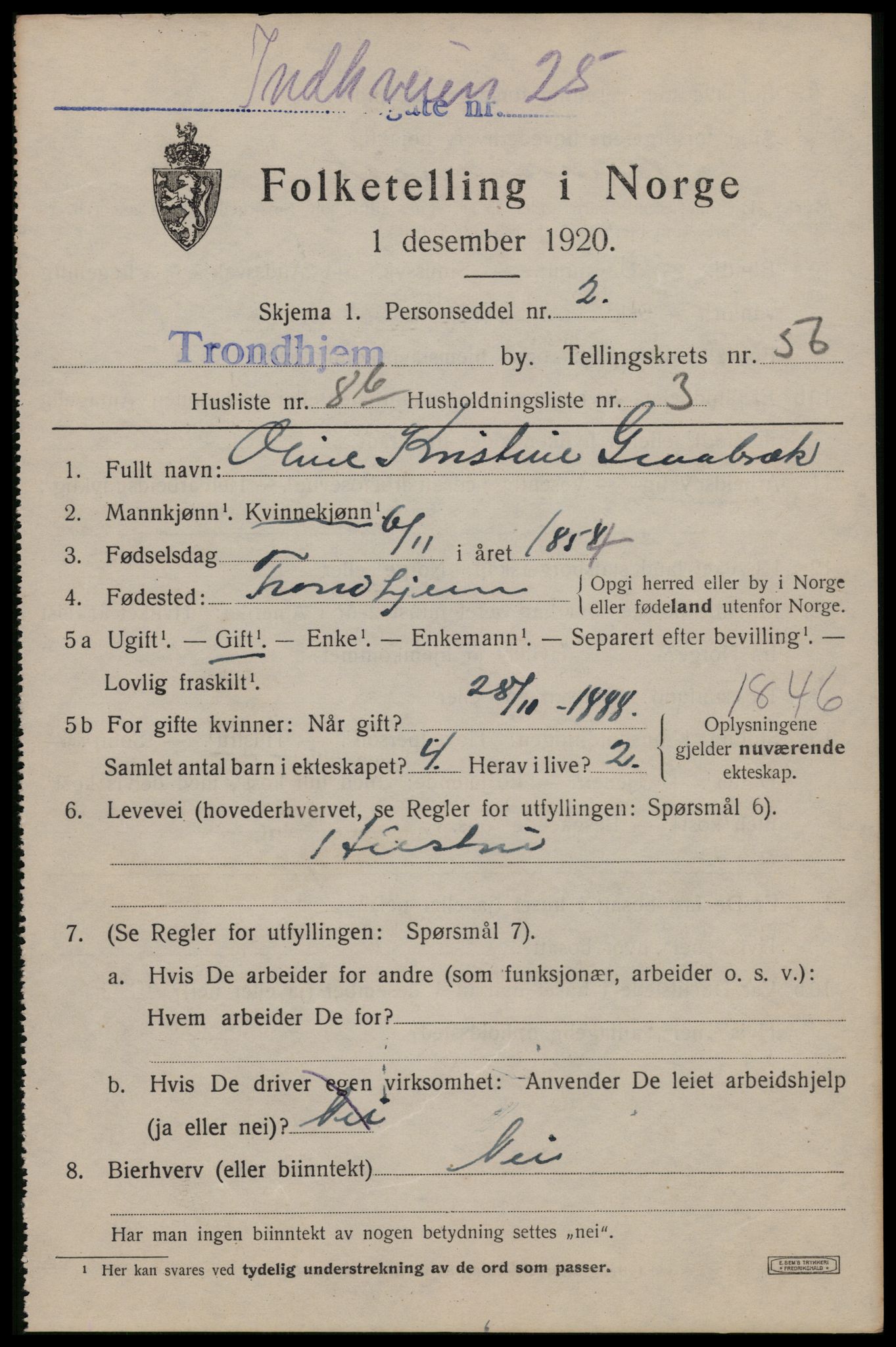 SAT, 1920 census for Trondheim, 1920, p. 113704