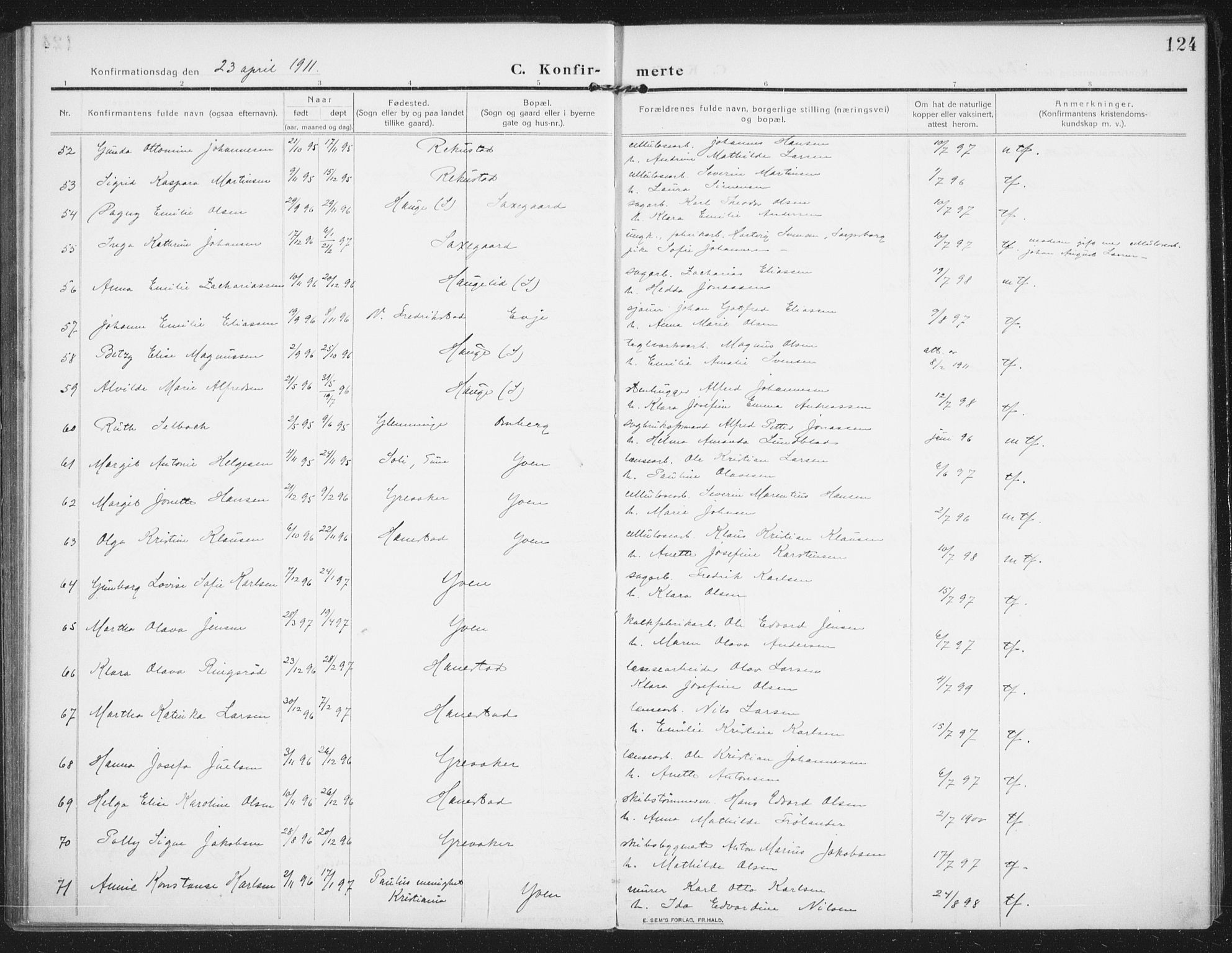 Rolvsøy prestekontor Kirkebøker, AV/SAO-A-2004/F/Fa/L0002: Parish register (official) no. 2, 1909-1917, p. 124
