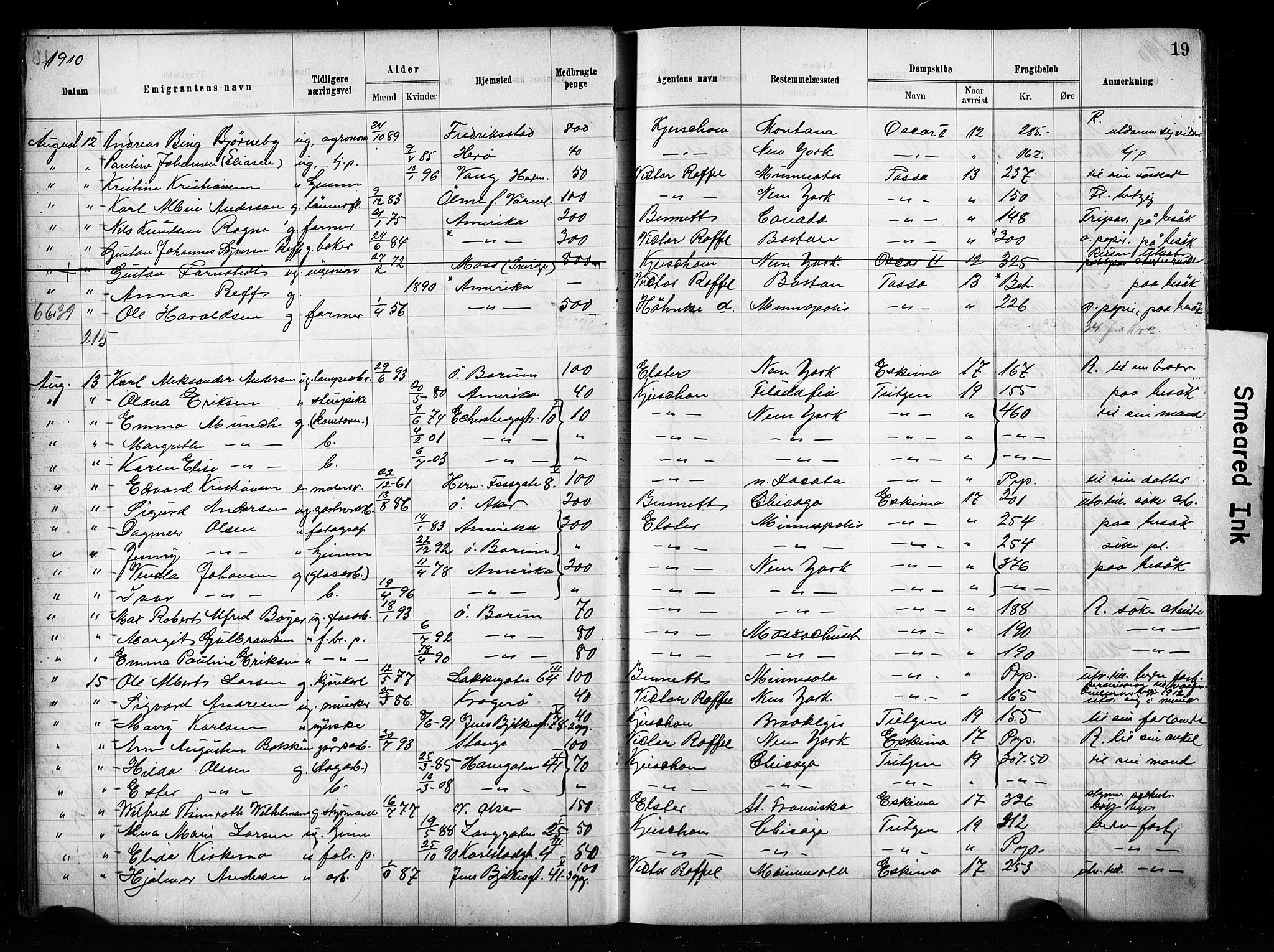 Oslo politidistrikt, AV/SAO-A-10085/E/Ee/Eef/L0029: Emigrantprotokoll, 1910-1913, p. 19