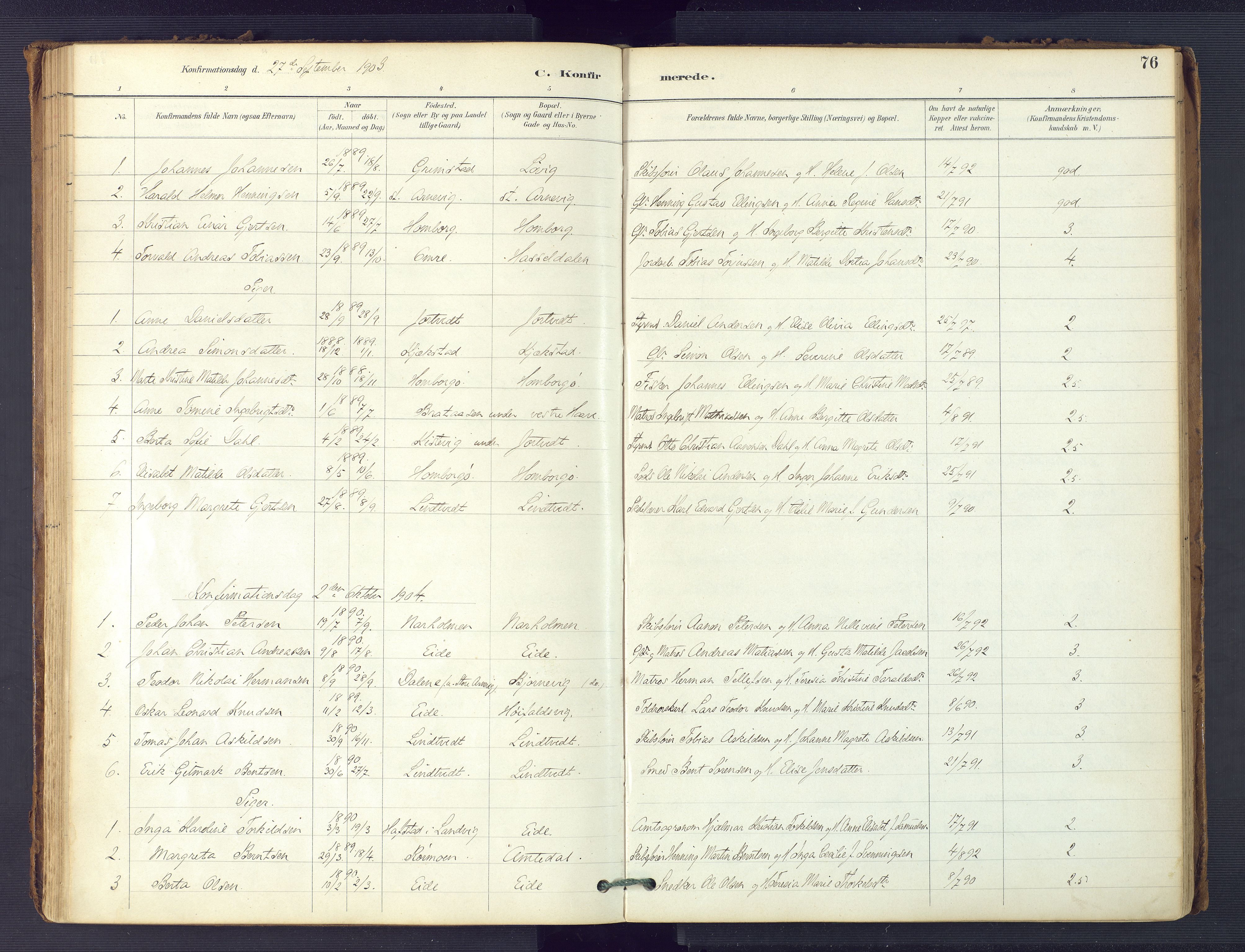 Hommedal sokneprestkontor, SAK/1111-0023/F/Fa/Faa/L0003: Parish register (official) no. A 3, 1885-1916, p. 76
